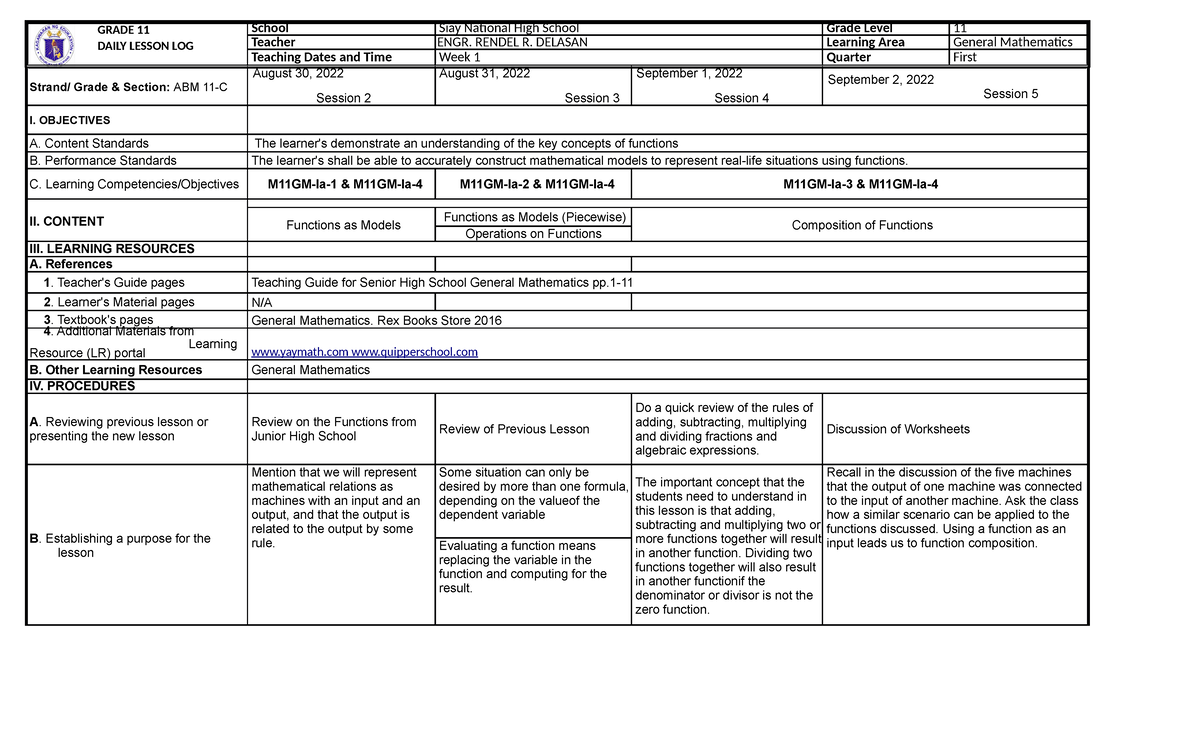 DLL GEN MATH WEEK 1 - dll - GRADE 11 DAILY LESSON LOG School Siay ...