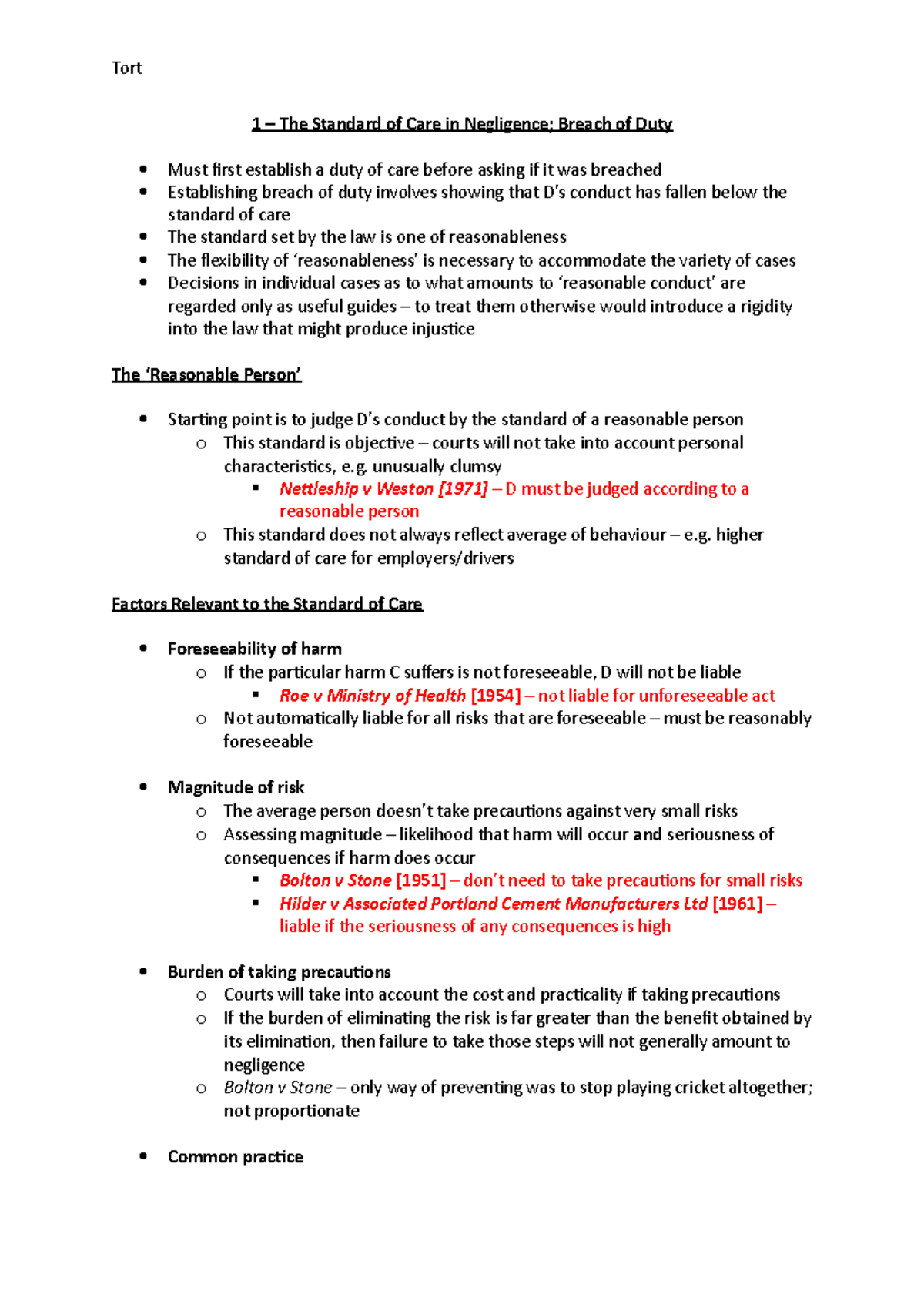 1 – The Standard of Care in Negligence - Tort 1 The Standard of Care in ...