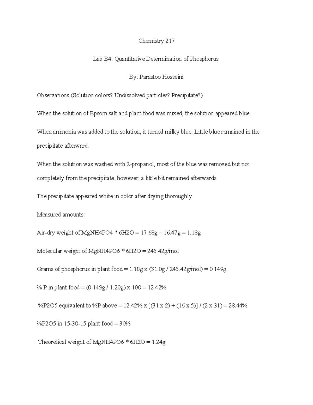 Lab B4 Lab B4 report Chemistry 217 Lab B4 Quantitative
