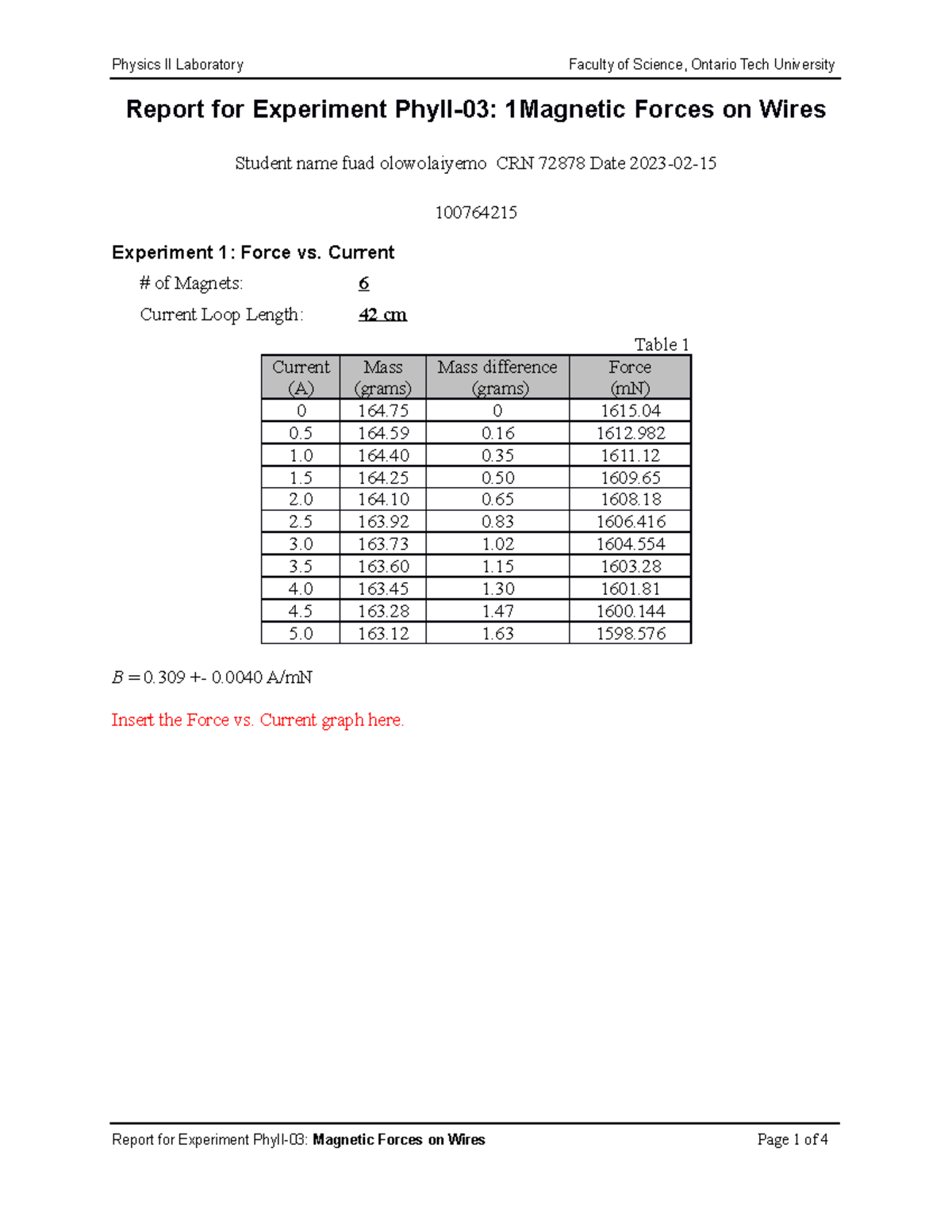 Report Forces Report for Experiment PhyII03
