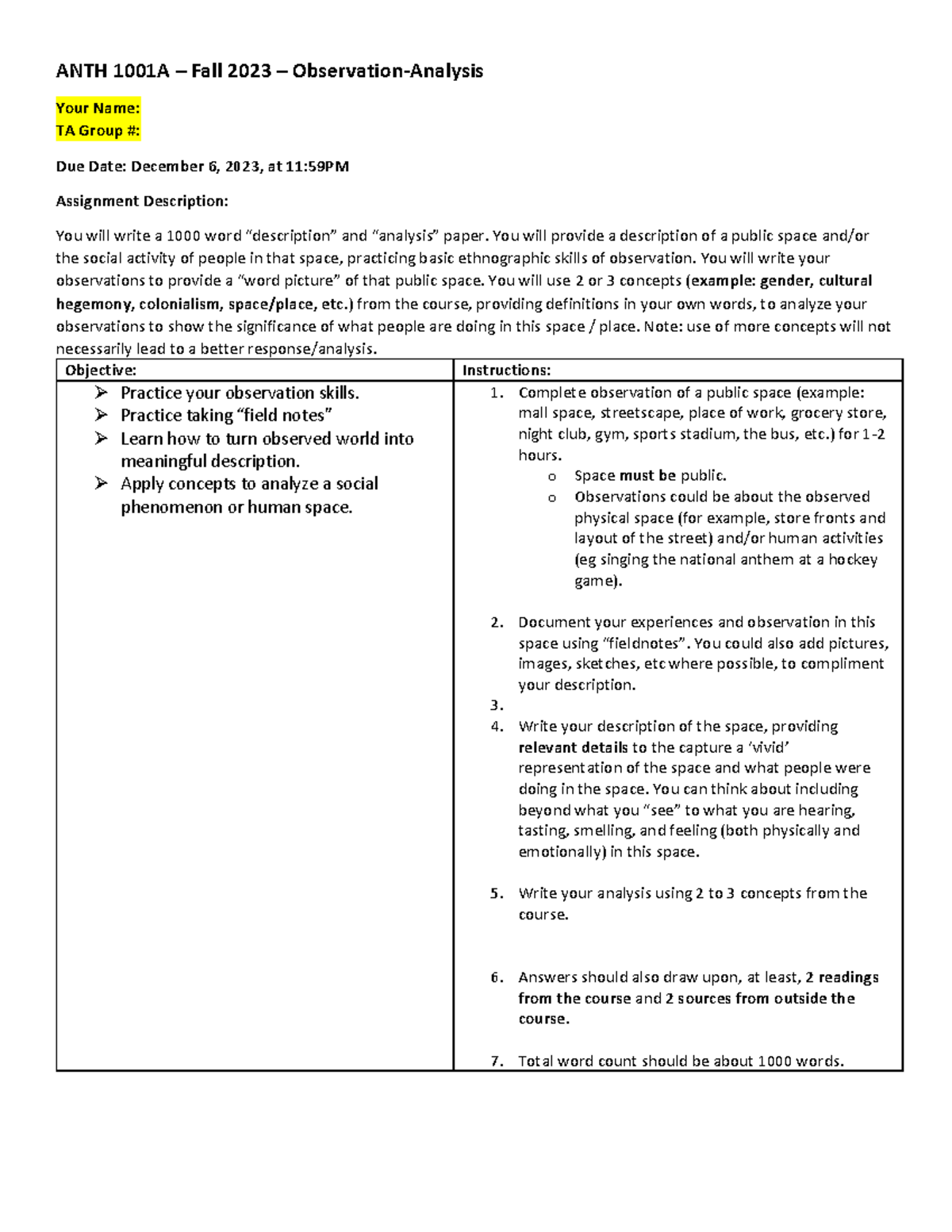 ANTH 1002A - Observation-Analysis Assignment - ANTH 1001A – Fall 2023 ...
