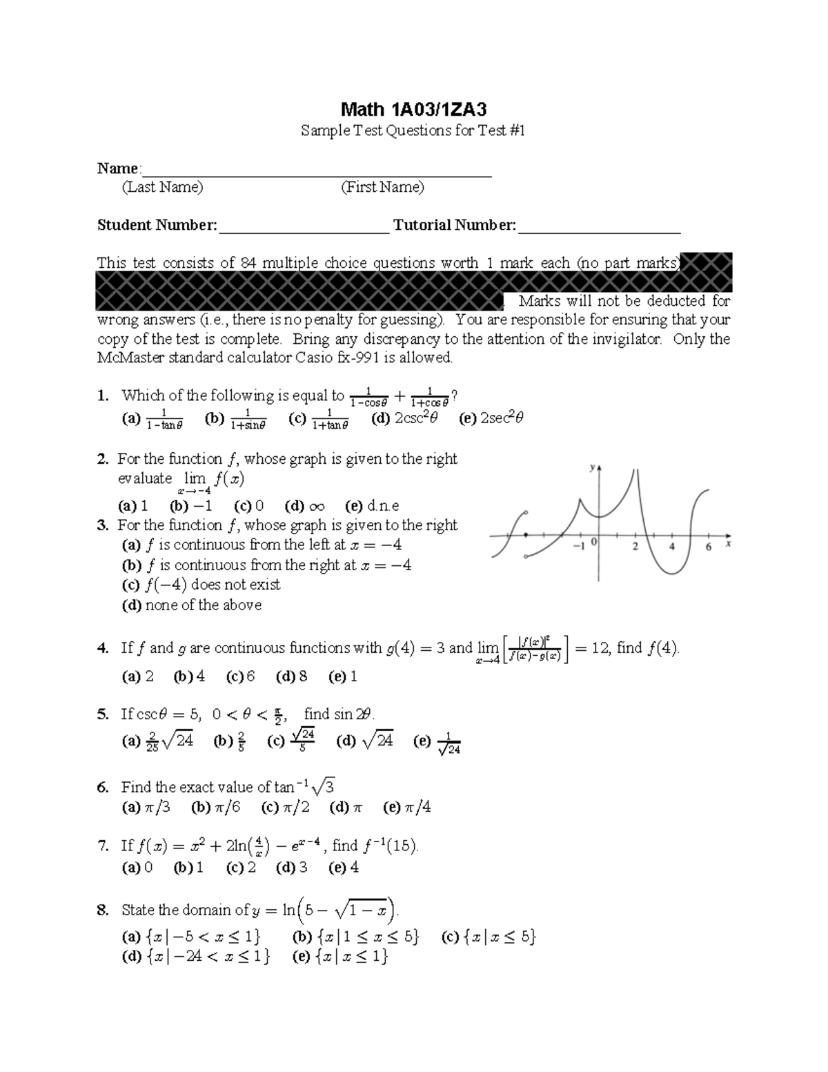 File - DFS - Math 1A03/1ZA Sample Test Questions for Test - Studocu