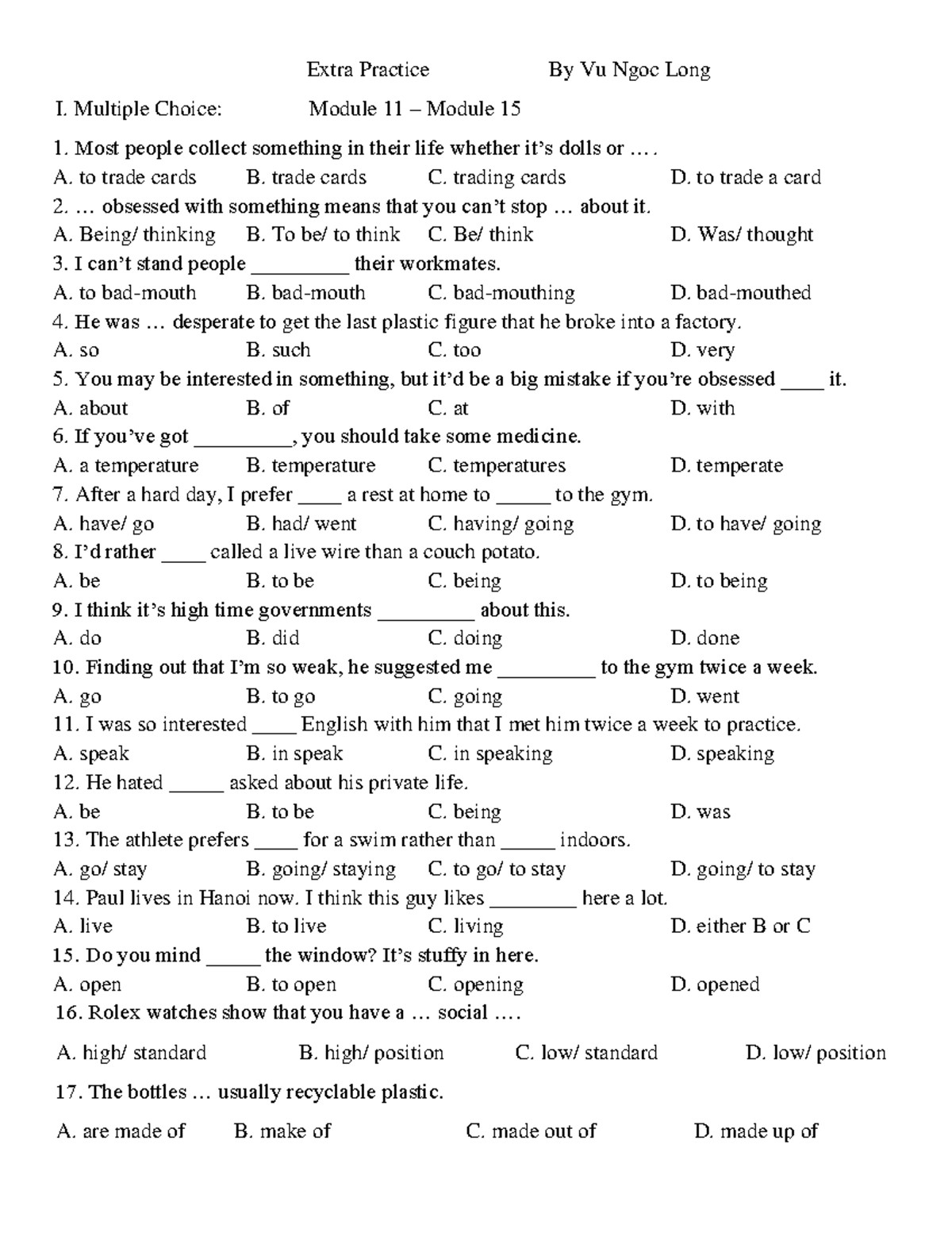 Multiple Choice Unit 11 to 15 - Extra Practice By Vu Ngoc Long I ...