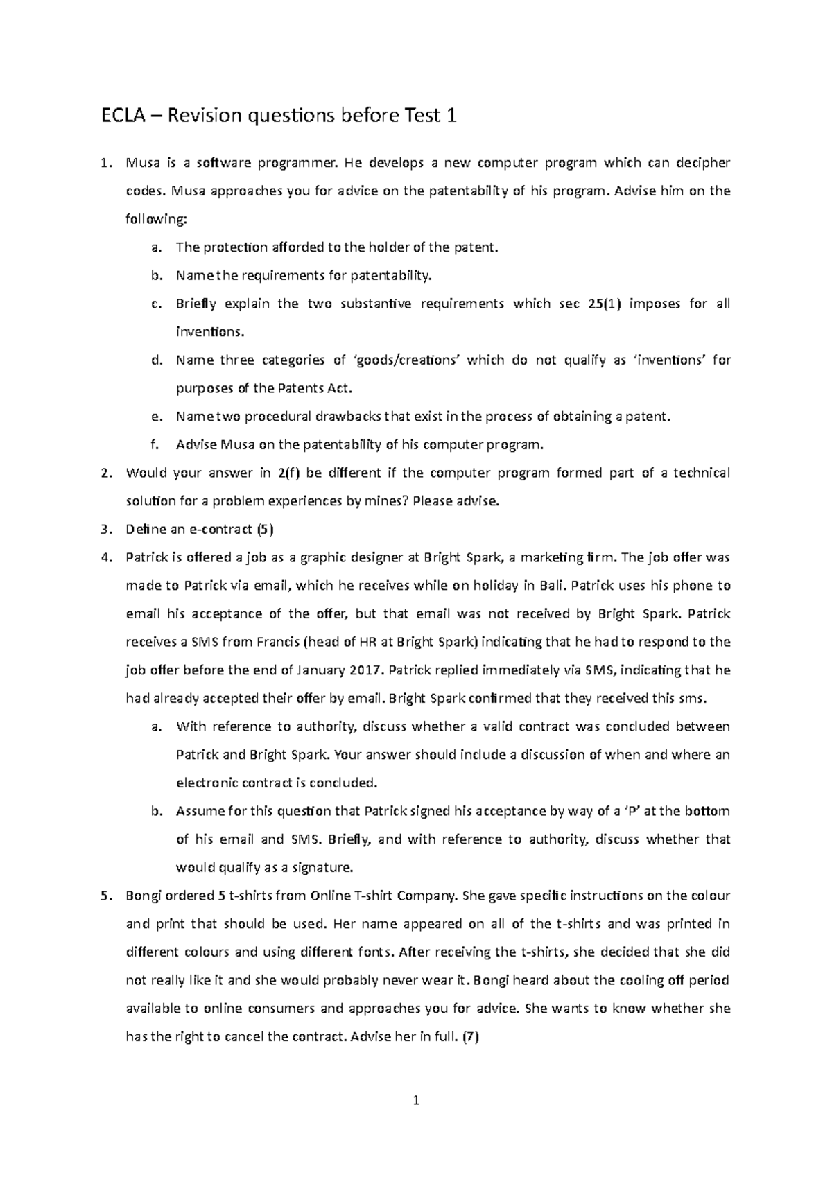 Test 10 March 2020, questions - ECLA – Revision questions before Test 1 ...
