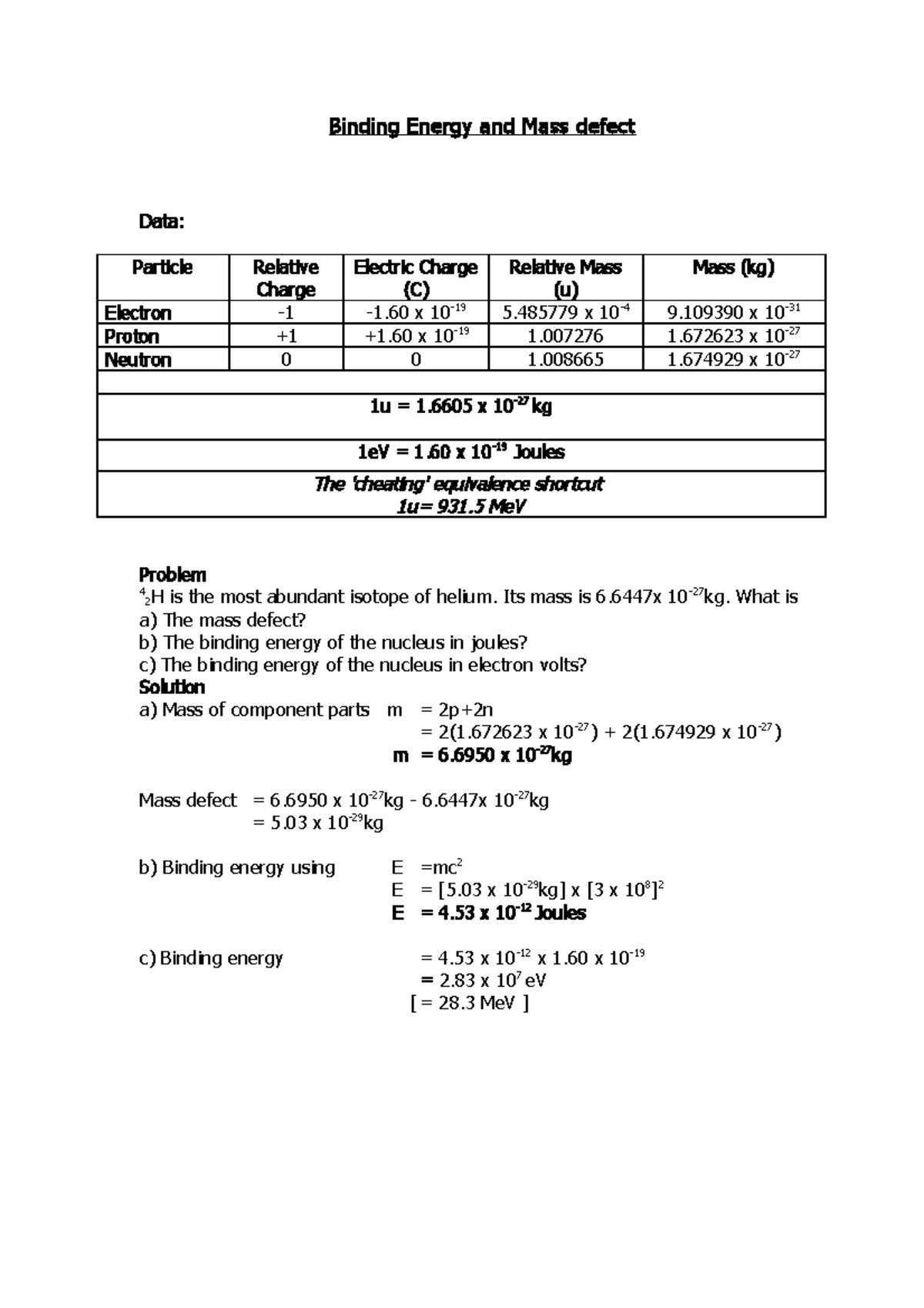 Physics 30 binding energy and mass defect - Binding Energy and Mass ...