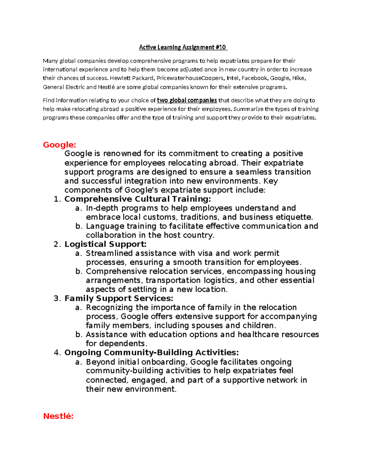 Active Learning Assignment 10-Expatriate Programs - Active Learning ...