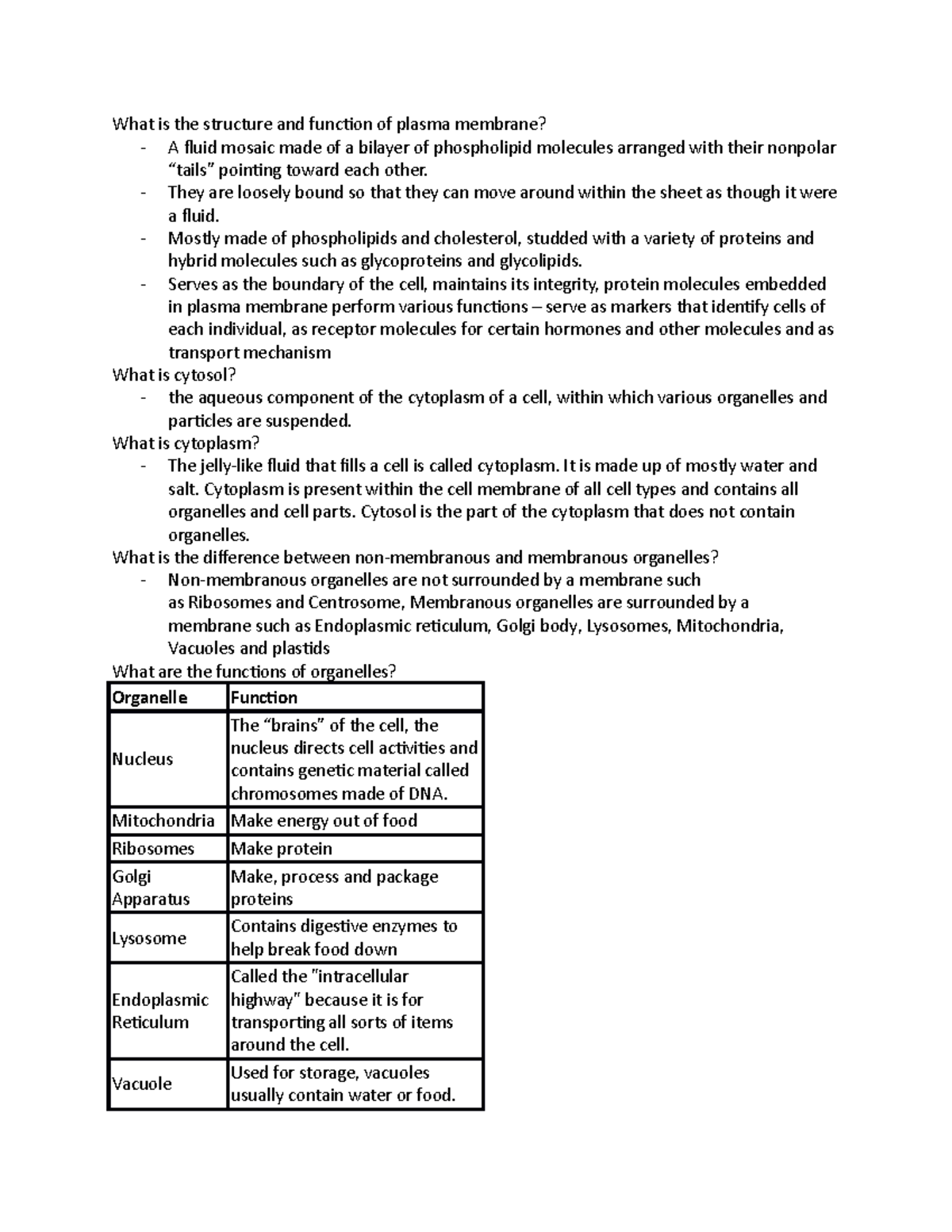 Week 1 Review Cell Physiology - What is the structure and function of ...