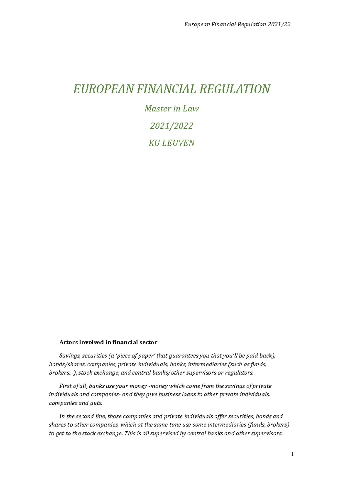 European financial regulation EUROPEAN FINANCIAL REGULATION Master in
