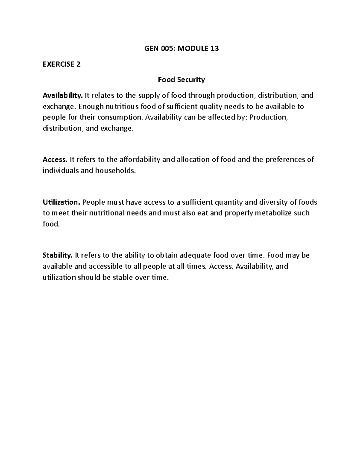 GEN 005 - Module 13 - GEN 005: MODULE 13 EXERCISE 2 Food Security ...