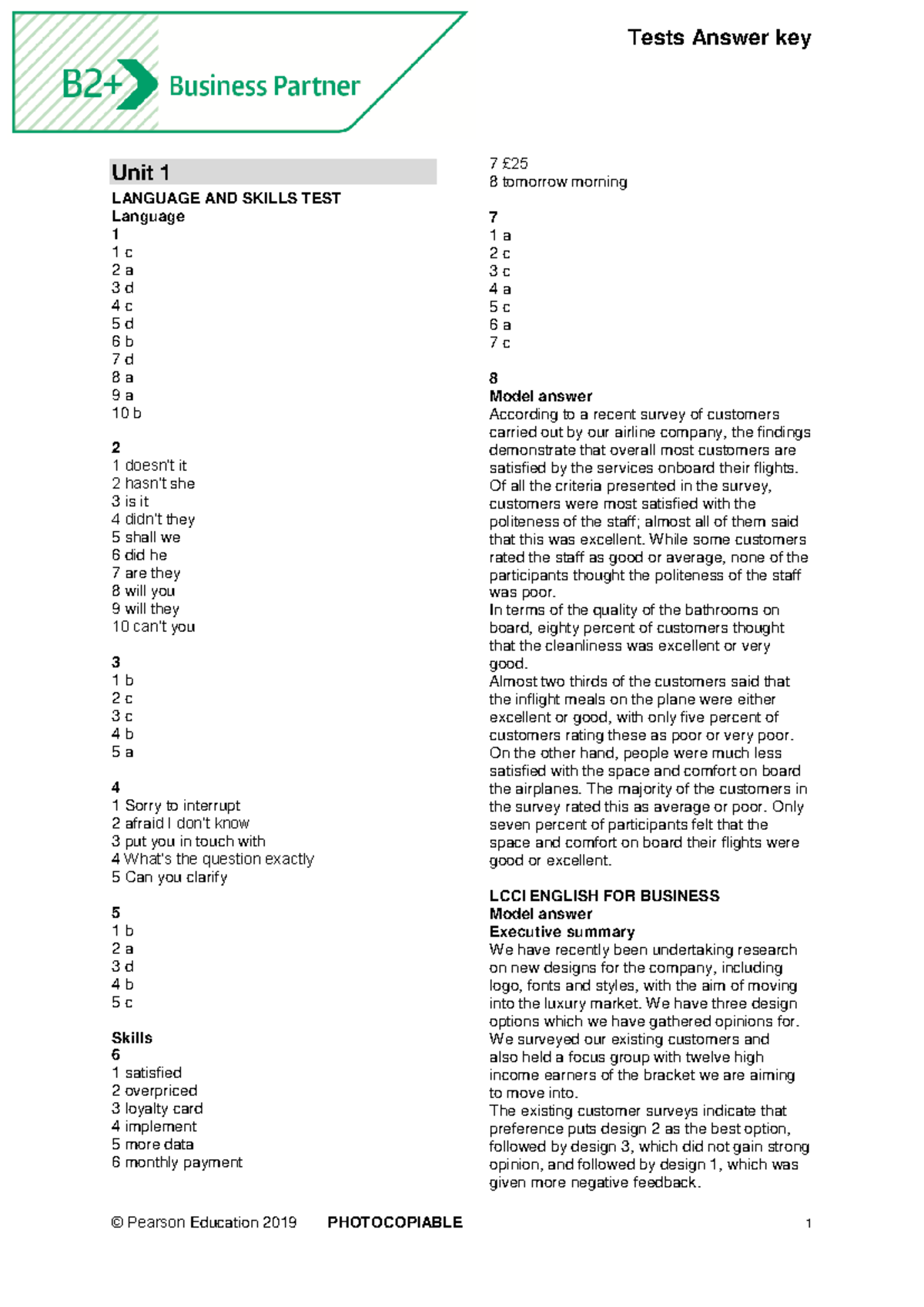 BP B2+ Tests AK - Key - Unit 1 LANGUAGE AND SKILLS TEST Language 1 1 C ...