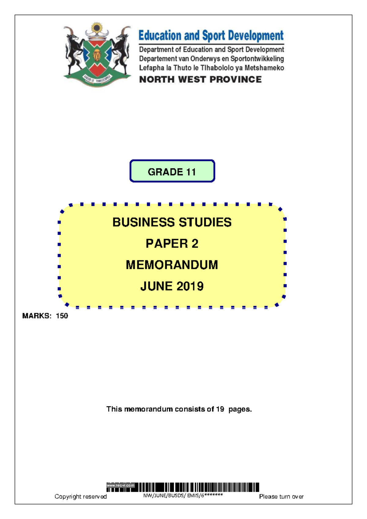 Business Studies GR 11 MEMO Paper 2 - tec-it MARKS: 150 This memorandum ...