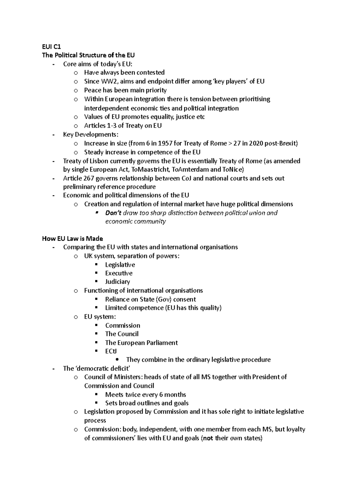 EUI C1 - Lecture notes 1 - EUI C The Political Structure of the EU ...