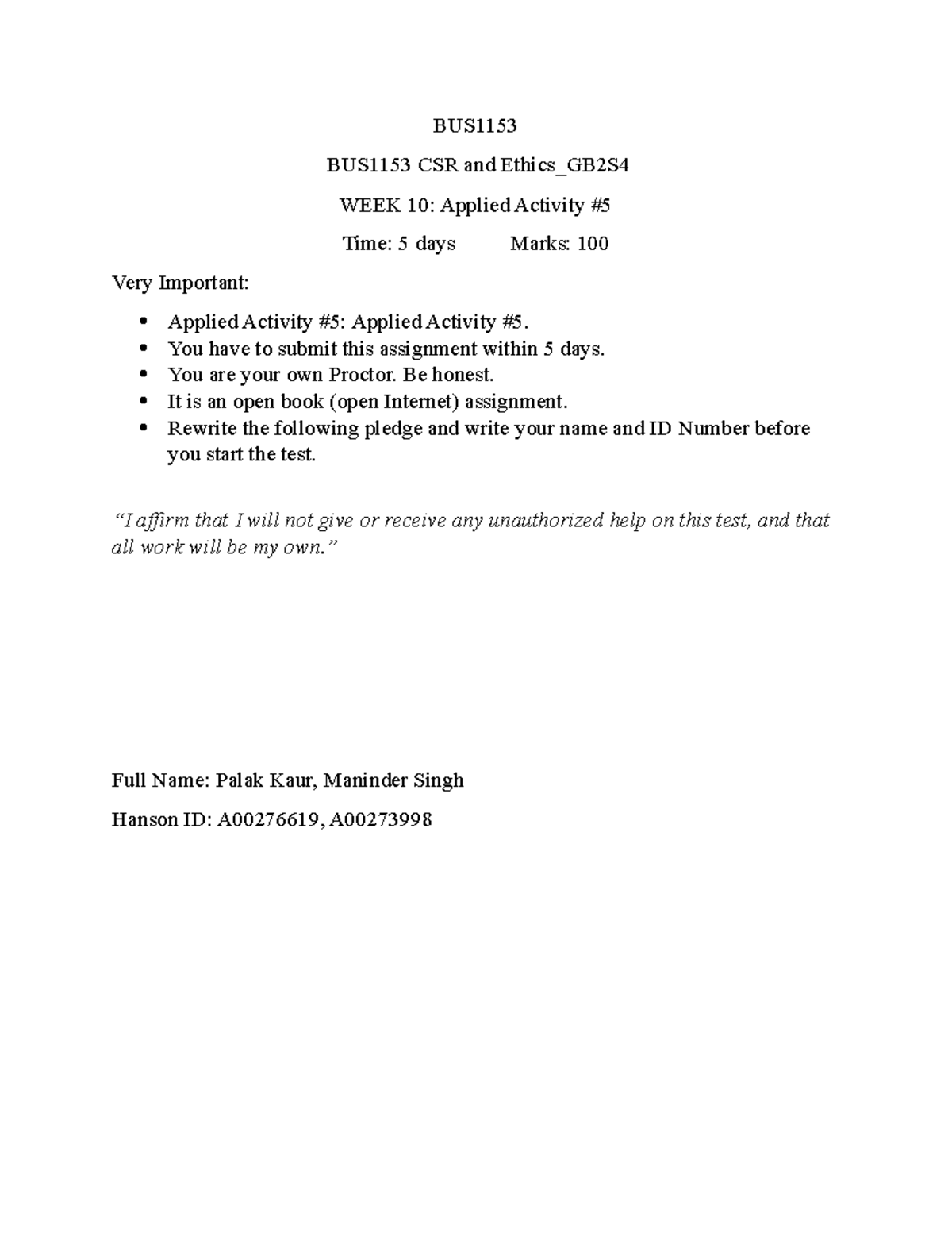 BUS1153+W10+CSR+and+Ethics GB2S4-Applied+Activity+#5 - BUS BUS1153 CSR ...