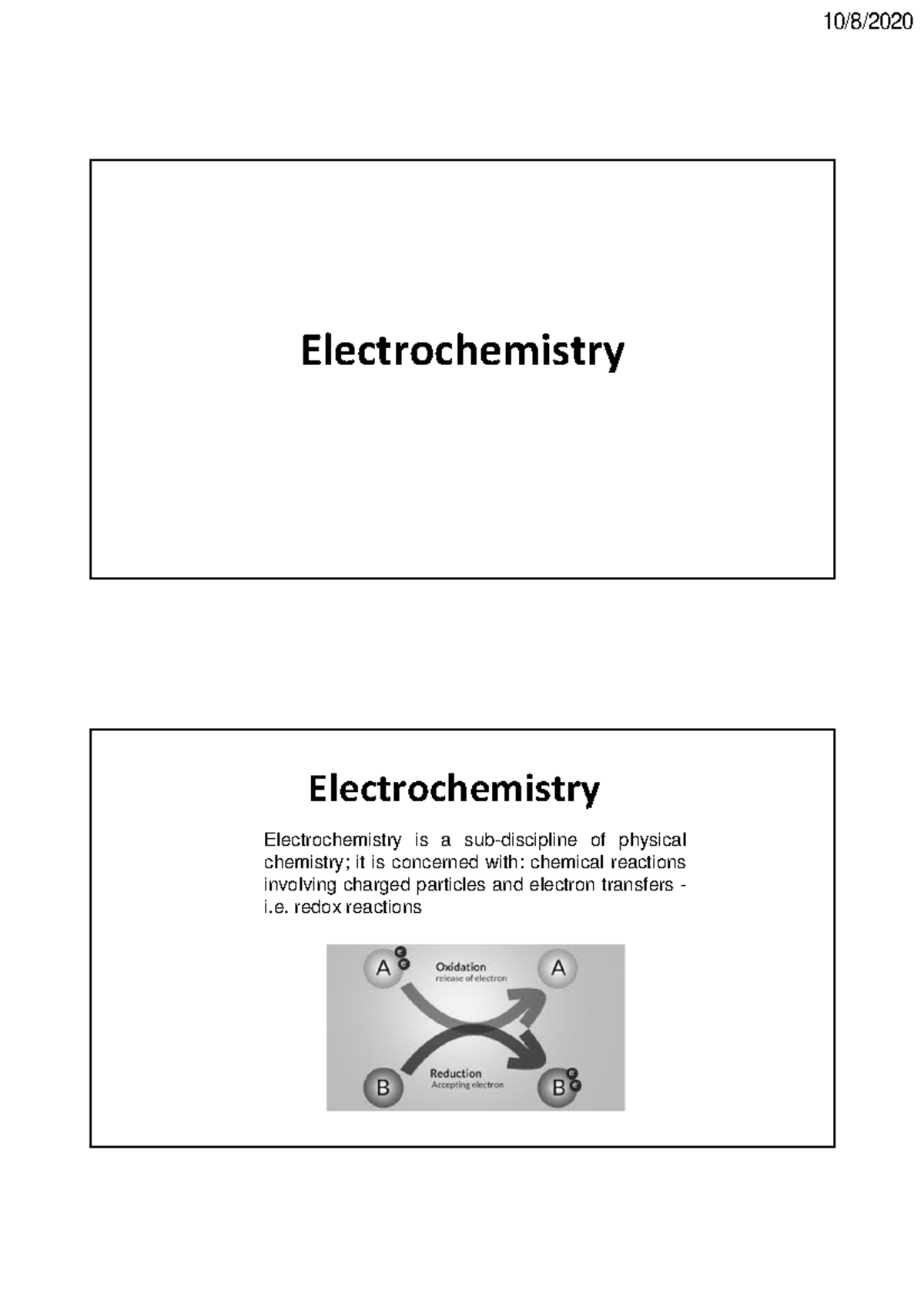 Electrochemistry - Class Note - Electrochemistry Electrochemistry ...