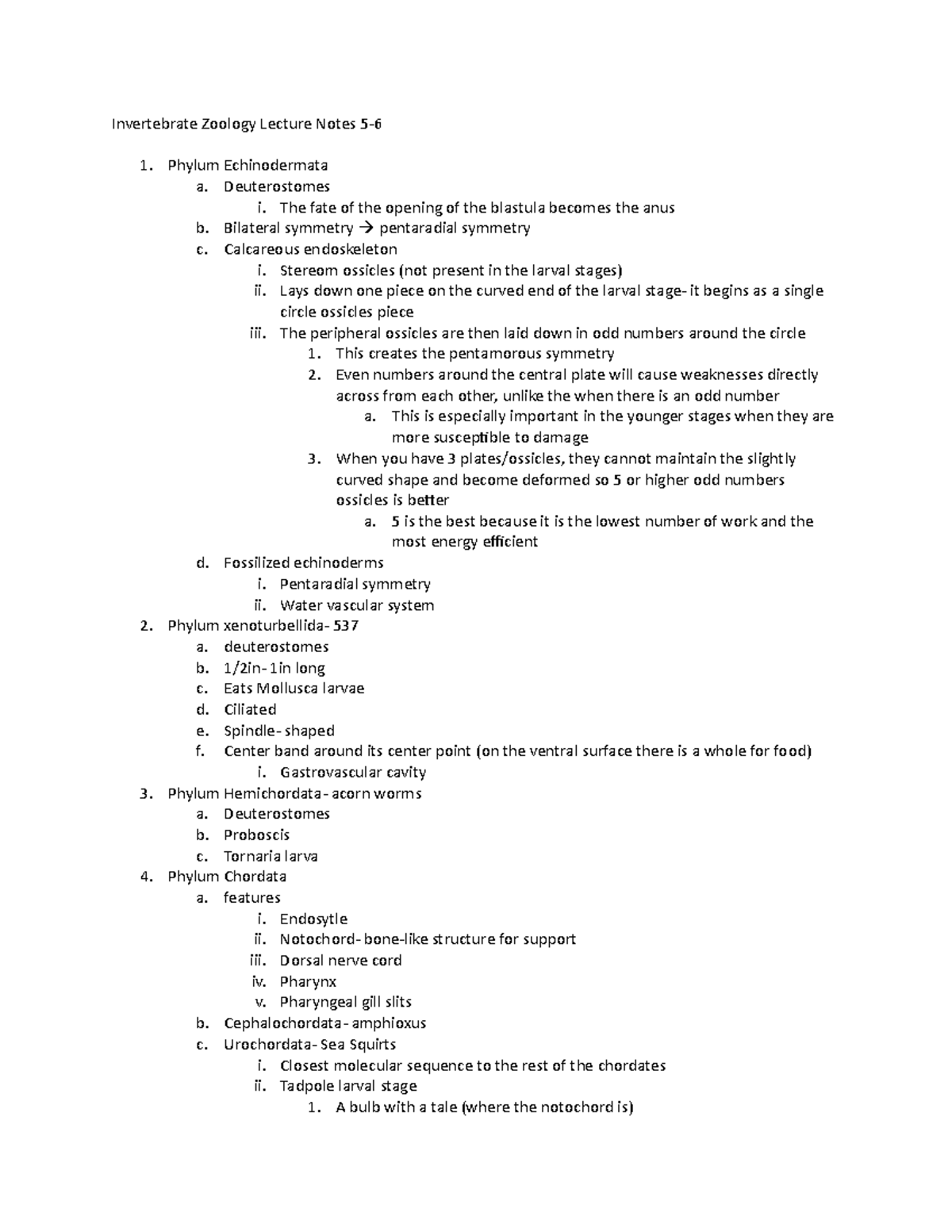 Invertebrate Zoology Lecture Notes 5-5 - Phylum Echinodermata a ...