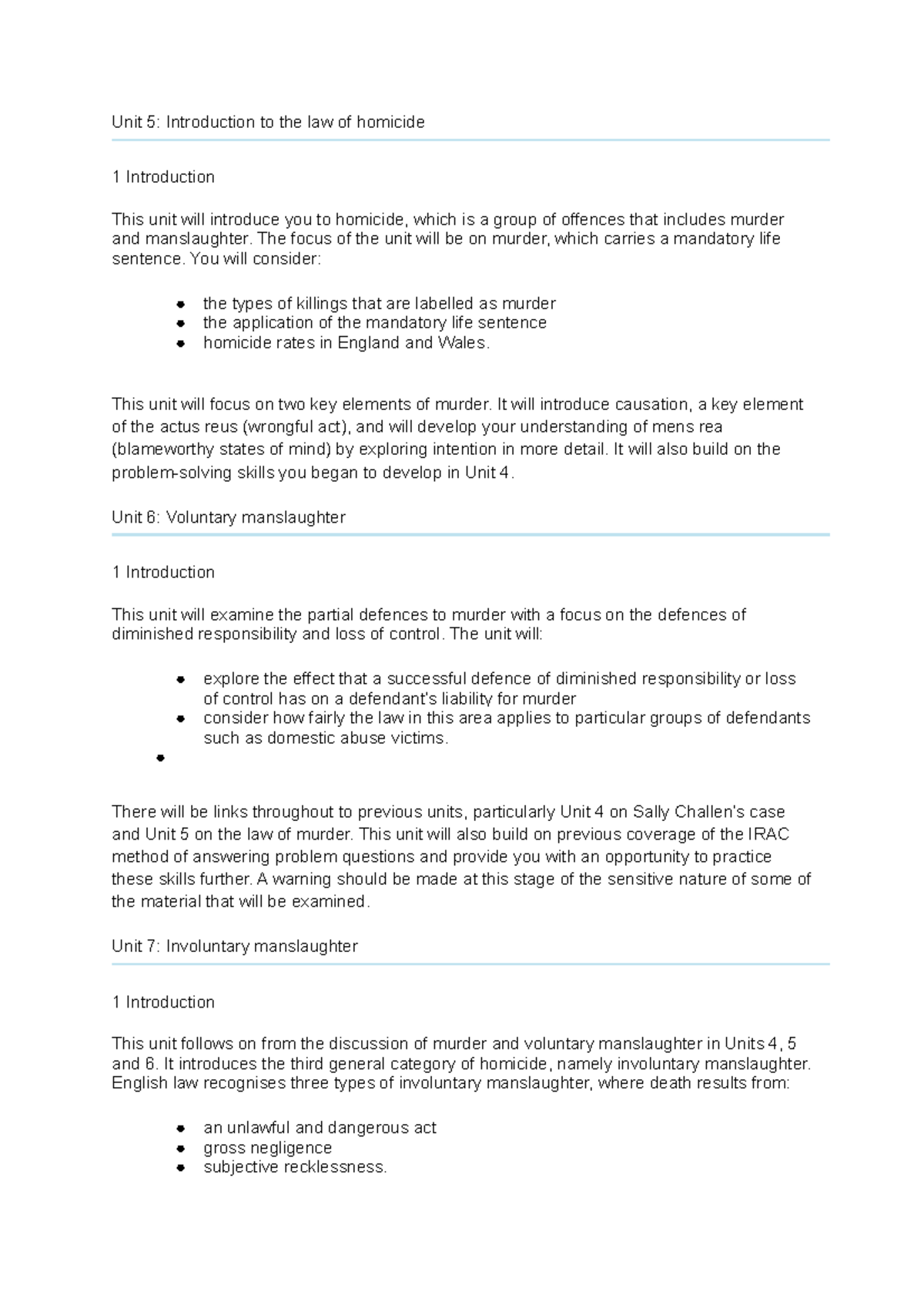 Notes w111 5 to 8 - Unit 5: Introduction to the law of homicide 1 ...