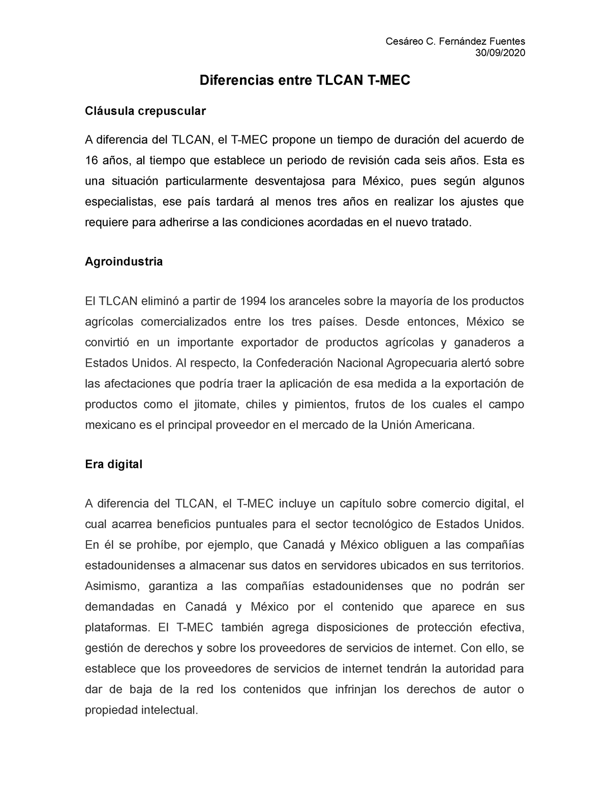 Diferencias Entre Tlcan T-mec - Cesáreo C. Fernández Fuentes 30/09 ...