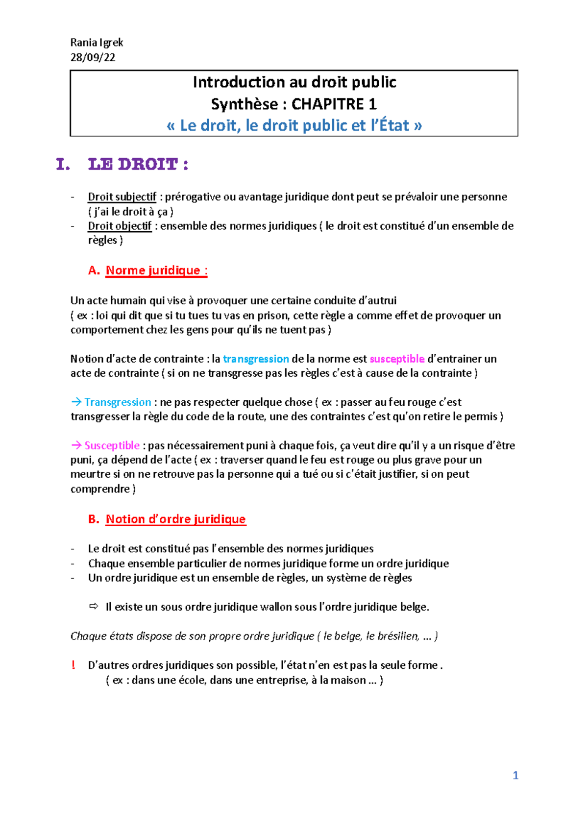 Chap-1 - chapitre 1 - 28/09/ Introduction au droit public Synthèse ...