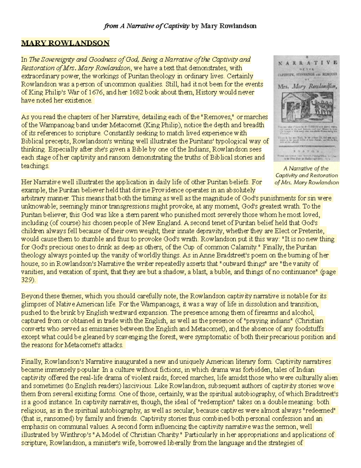 From A Narrative of Captivity-1 - Mary Rowlandson, we have a text that ...