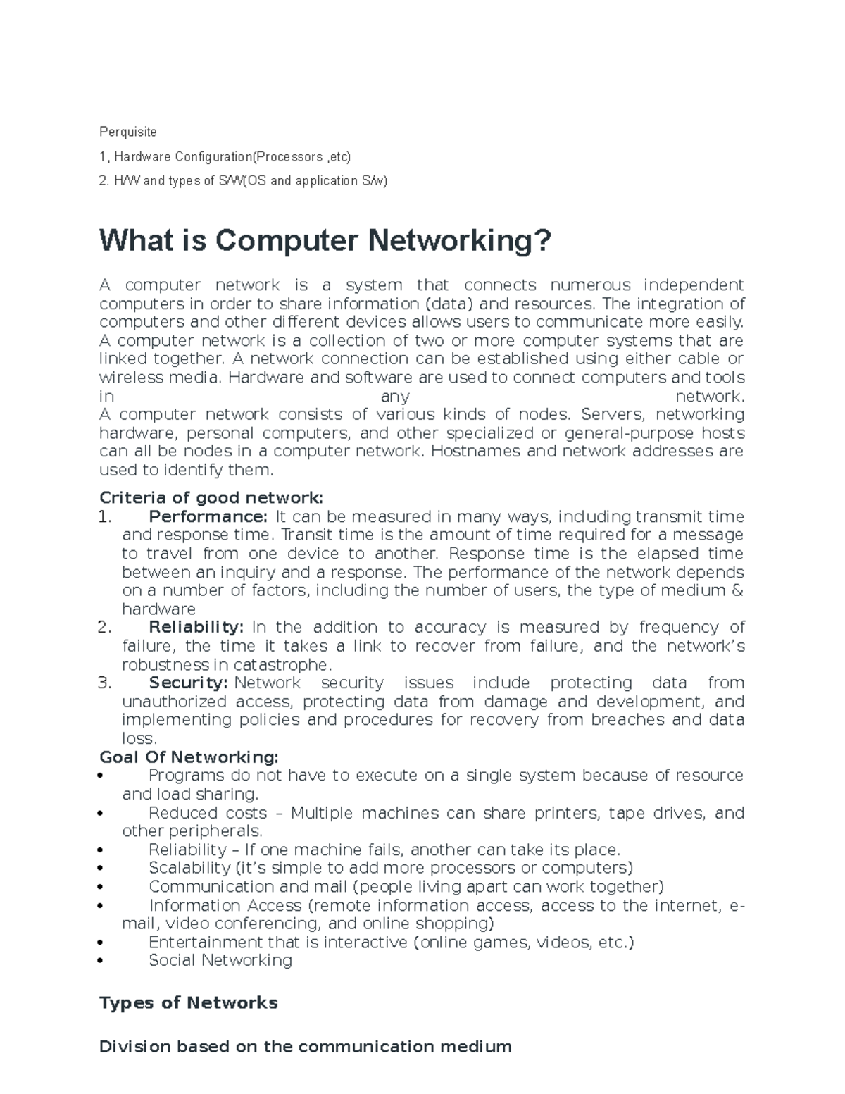 UNIT 1 DCN Notes - Perquisite 1, Hardware Configuration(Processors ,etc ...