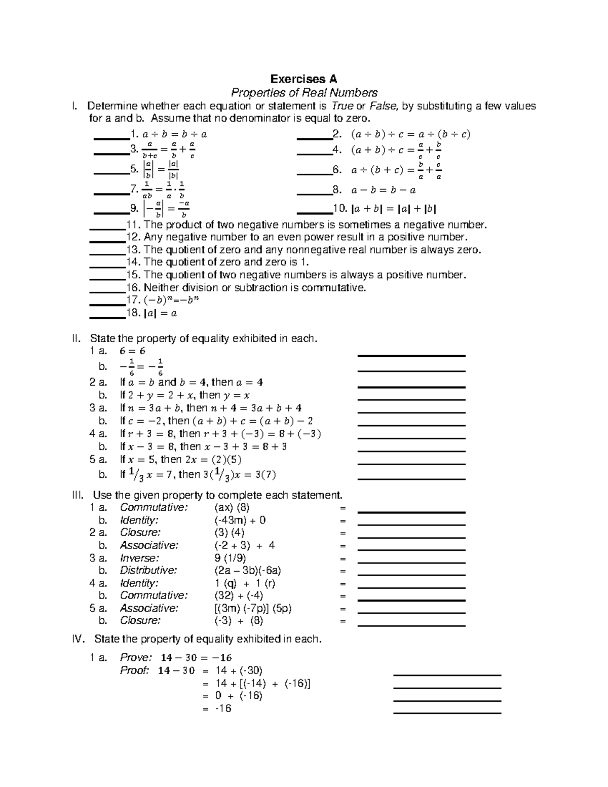 Exercise A - For purposes and importance only - Exercises A Properties ...
