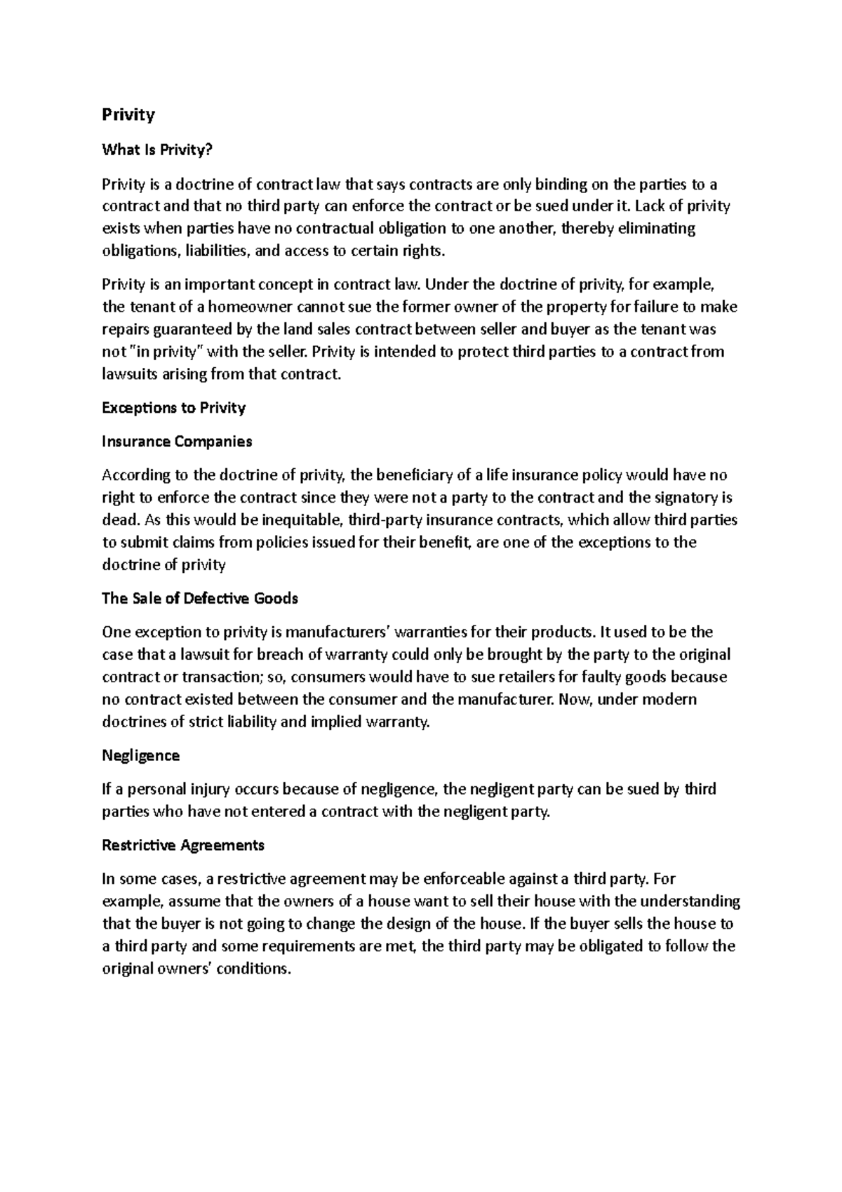 doctrine of privity contract law essay