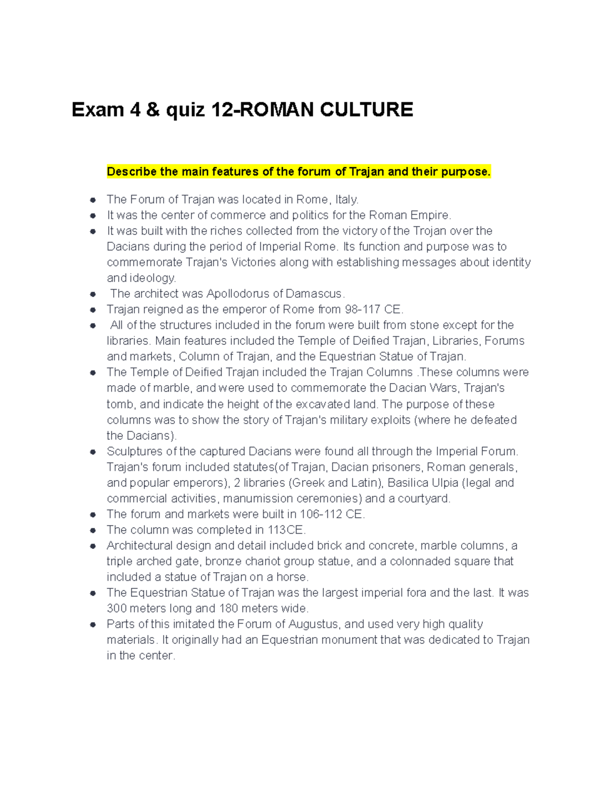 Exam 4 Notes Roman Culture - Exam 4 & quiz 12-ROMAN CULTURE Describe ...