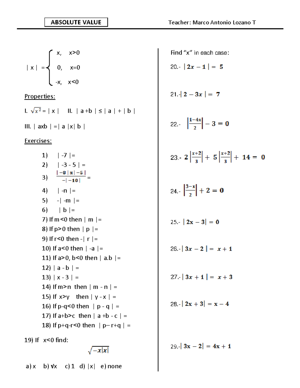 Absolute Value pdf - ABSOLUTE VALUE Teacher: Marco Antonio Lozano T x ...