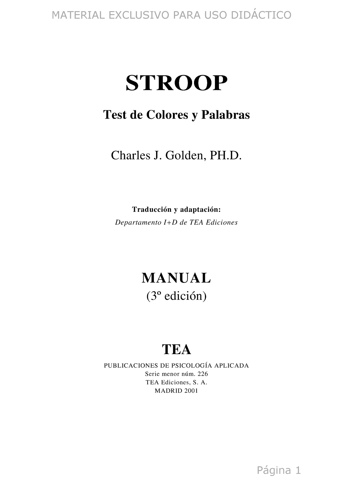 Test De Stroop Manual Uso Didáctico Stroop Test De Colores Y Palabras Charles J Golden Ph 1096