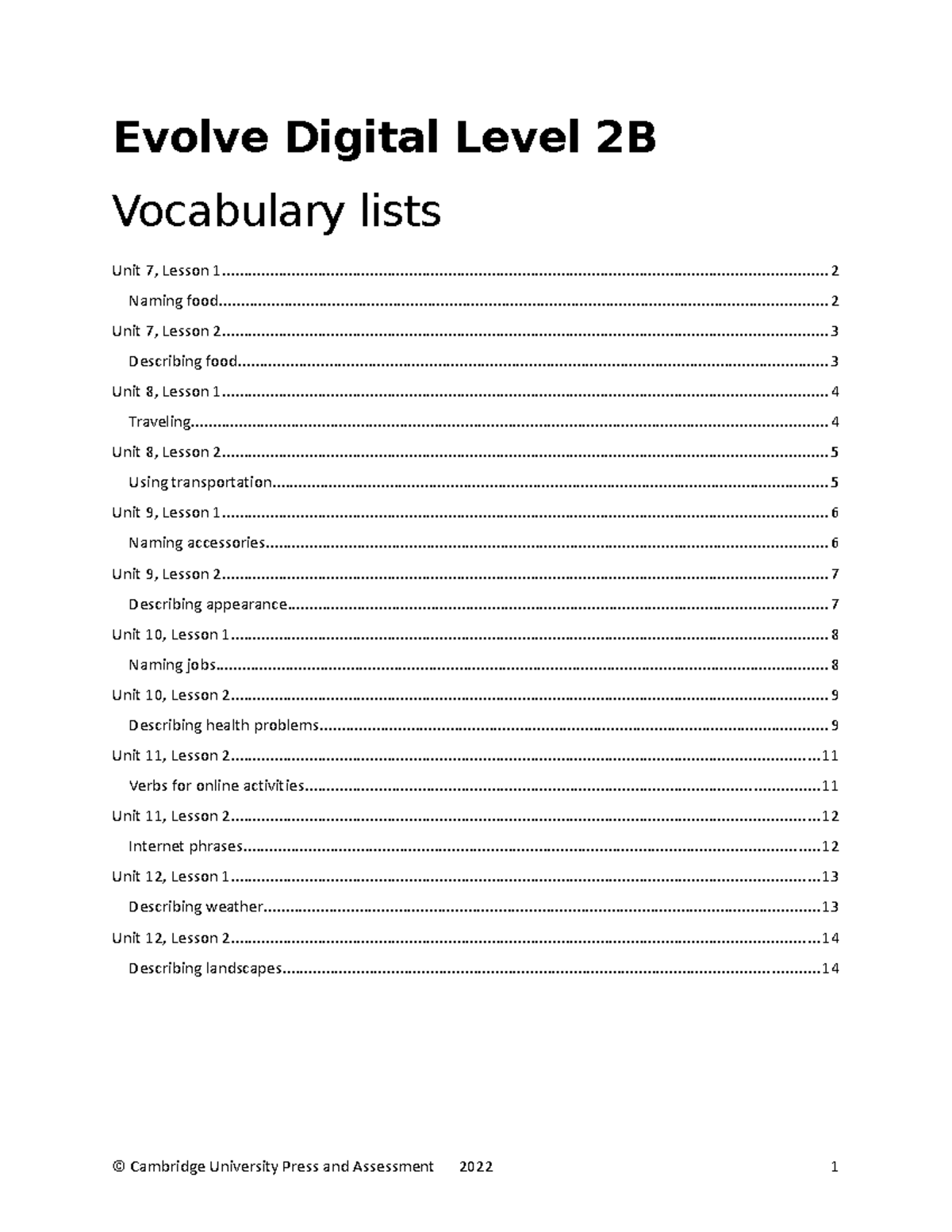 Evolve Digital Level 2B Vocabulary lists - Evolve Digital Level 2B Unit ...