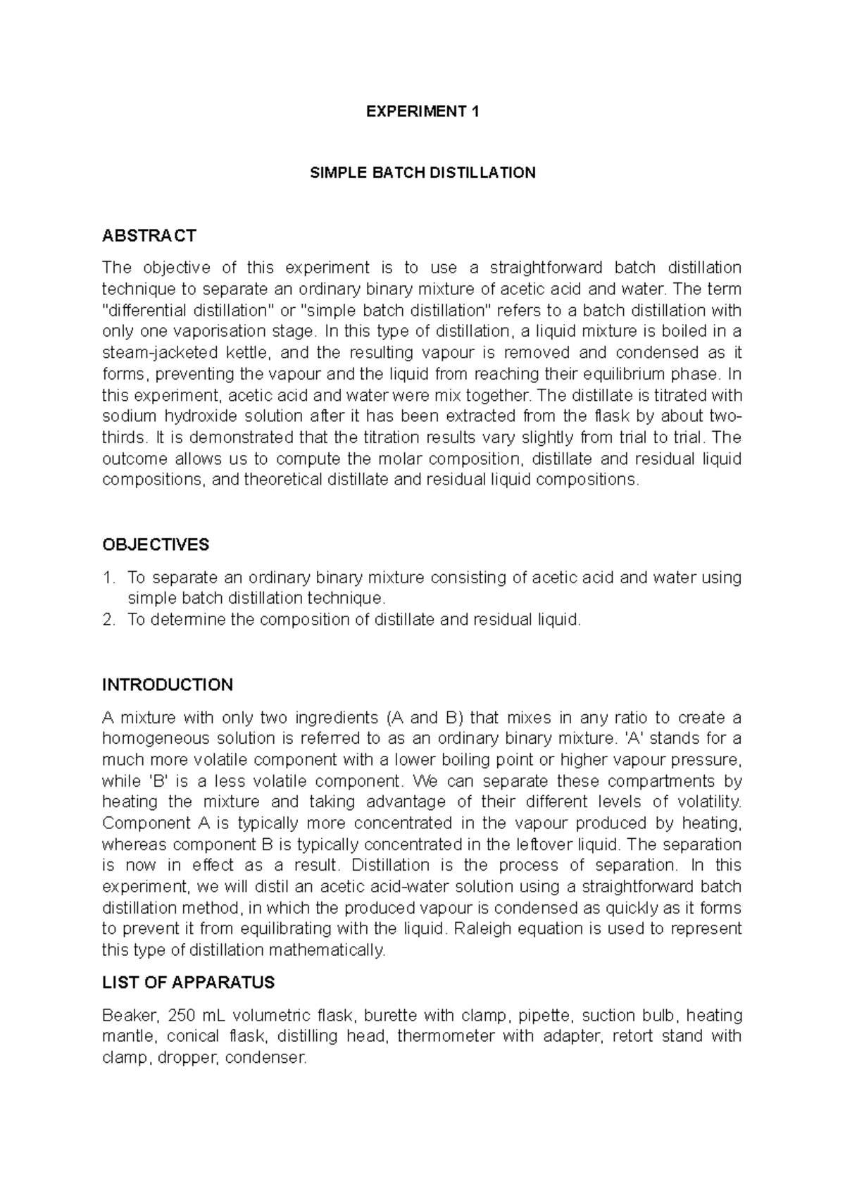 Experiment 1 Simple Batch Distillation EXPERIMENT 1 SIMPLE BATCH
