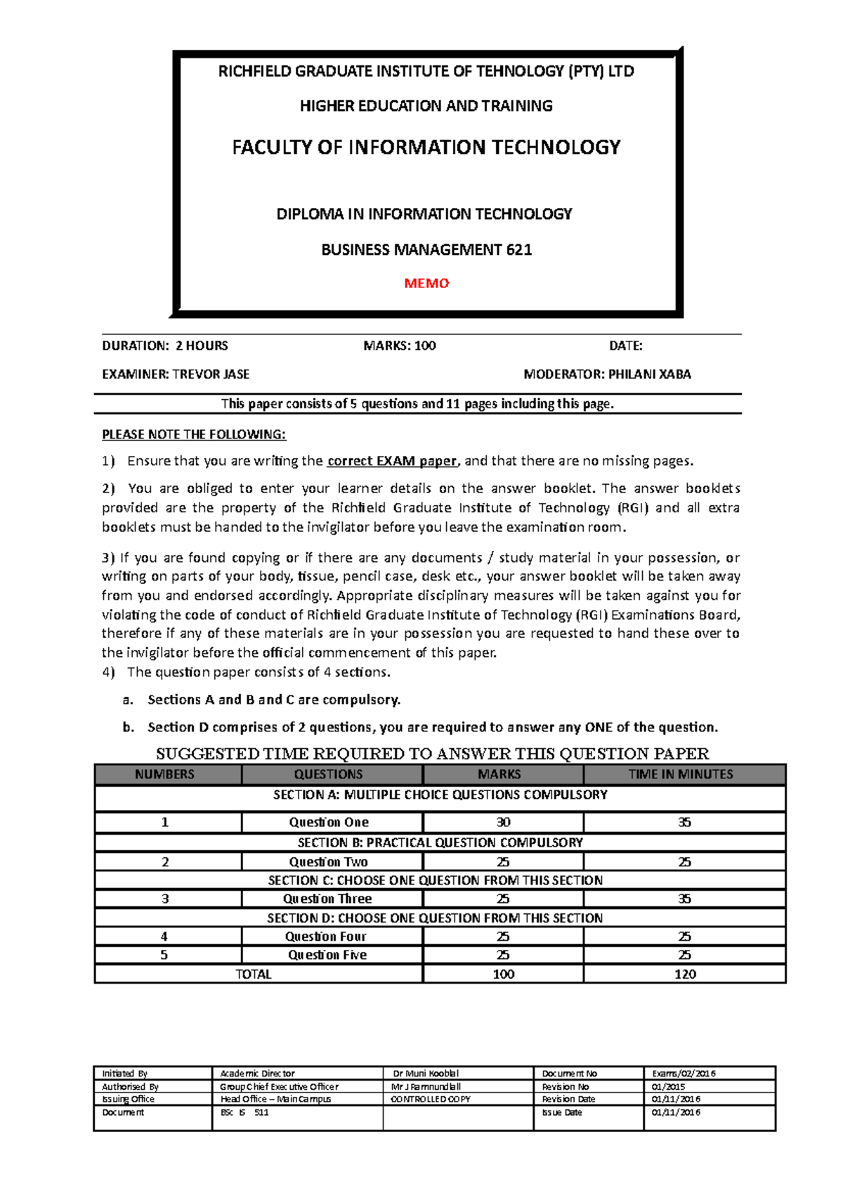 Business Management 622 Final Exams .2016 doc - MEMO - 1st SEMESTER ...