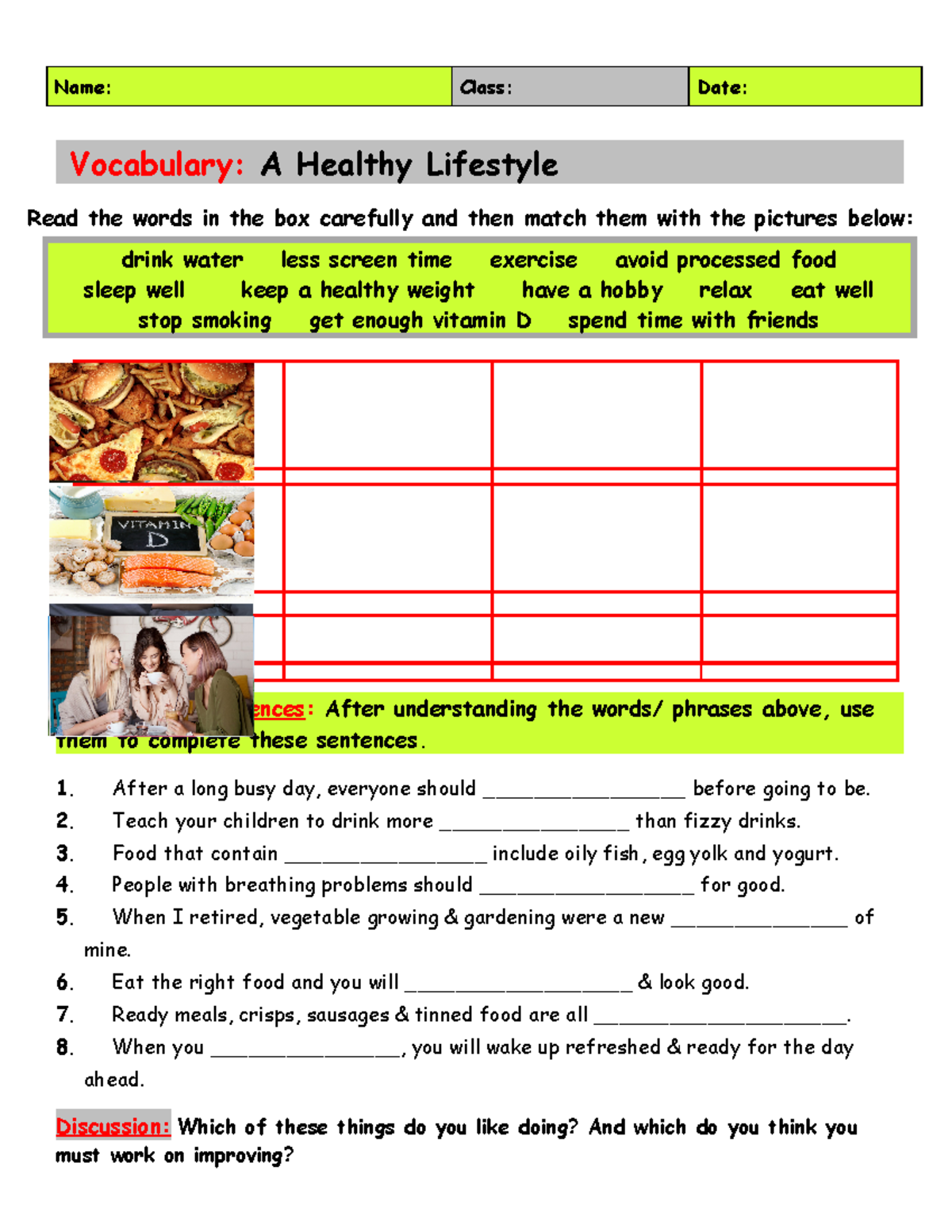 Ahealthylifestylepicturedictionaries 137642 Name Class Date Vocabulary A Healthy