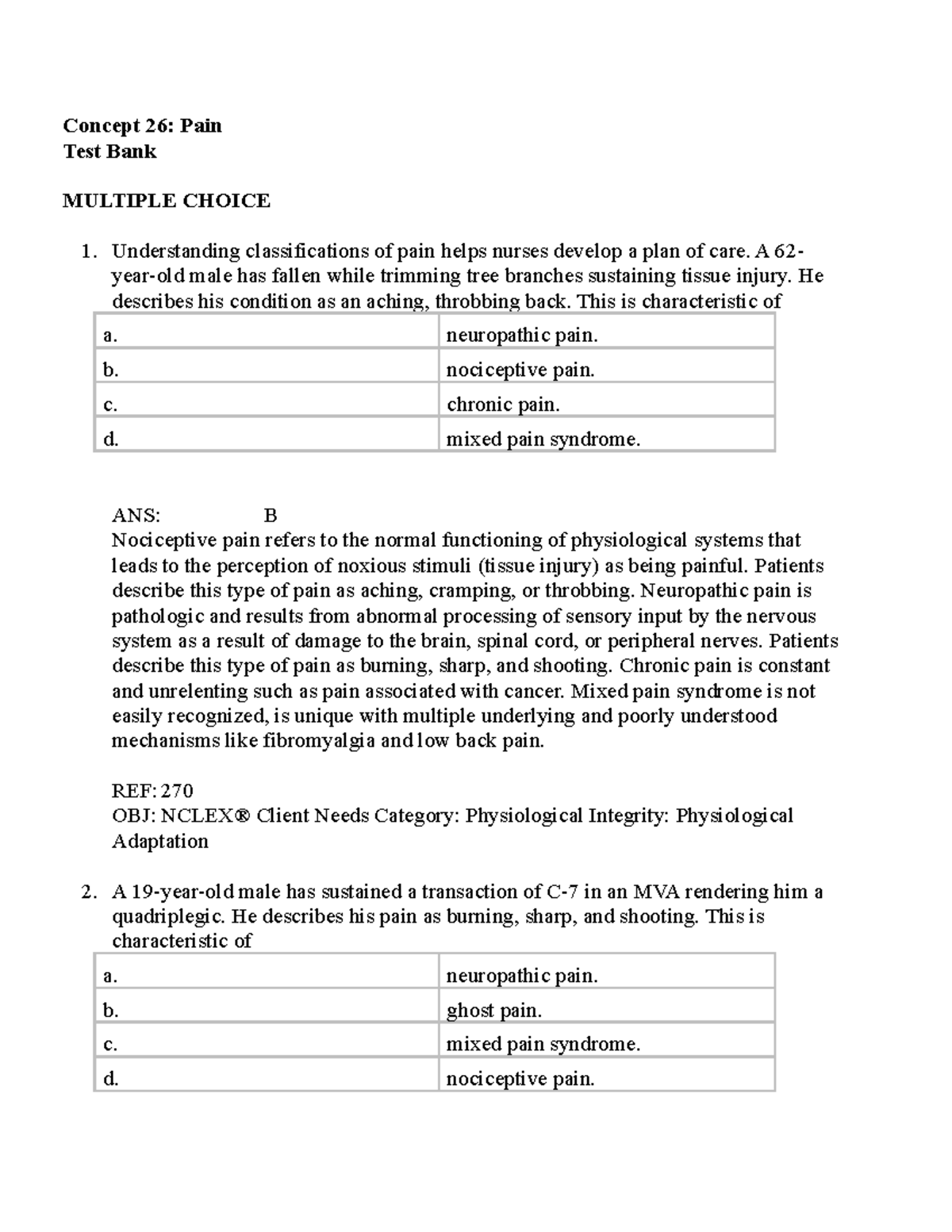 Concept 26 pain - lecture notes - Concept 26: Pain Test Bank MULTIPLE ...
