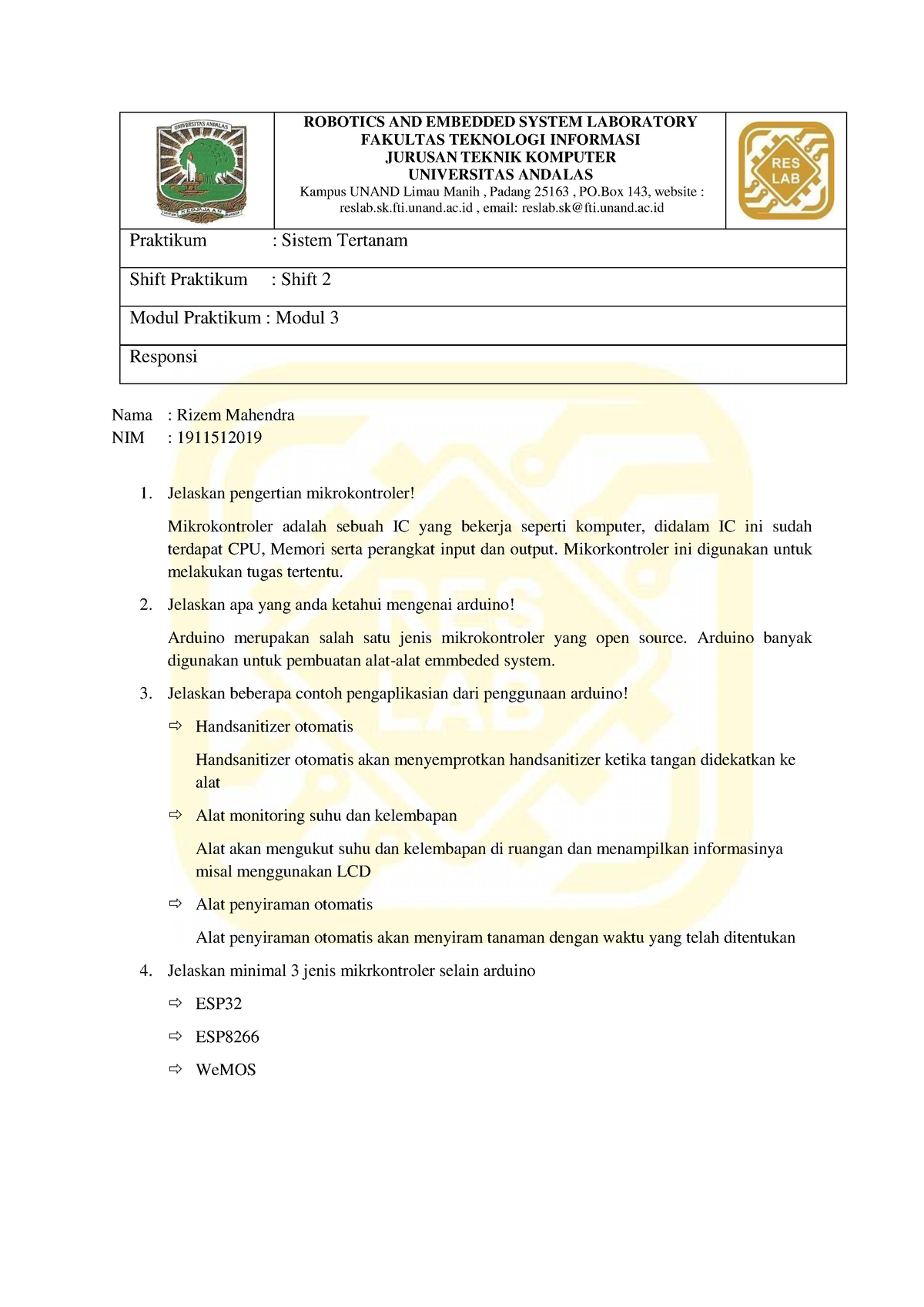 II 1911512019 Rizem Mahendra Responsi 3 - ROBOTICS AND EMBEDDED SYSTEM ...