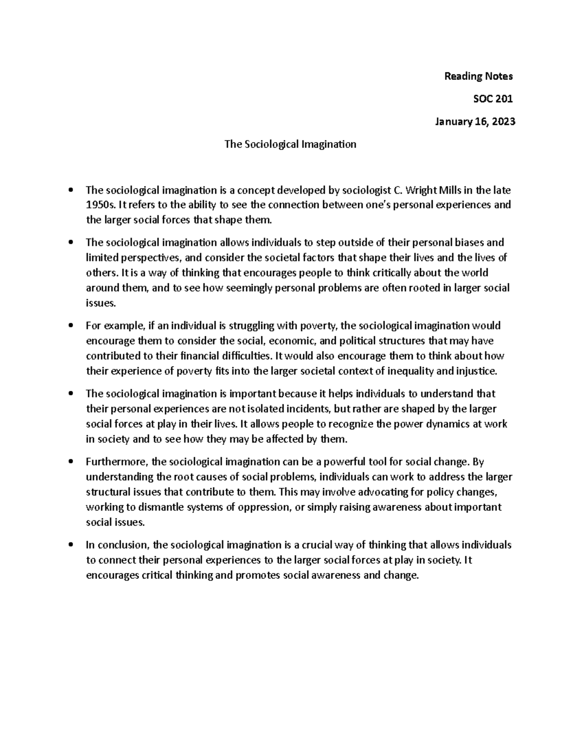 The Sociological Imagination - Reading Notes - Reading Notes SOC 201 ...