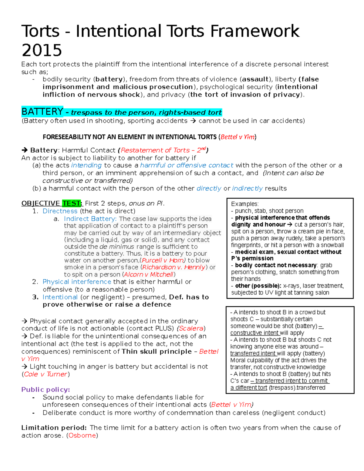 Law of Torts Final - Torts - Intentional Torts Framework 2015 Each tort ...