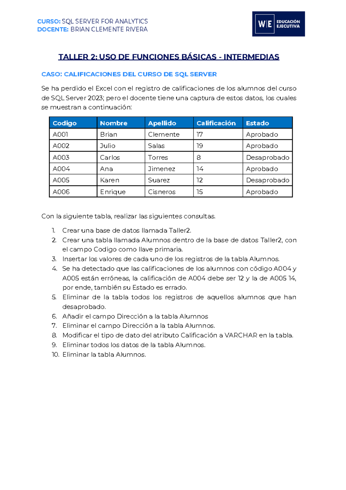 Taller 2 - SQL Server for Analytics - CURSO: SQL SERVER FOR ANALYTICS ...