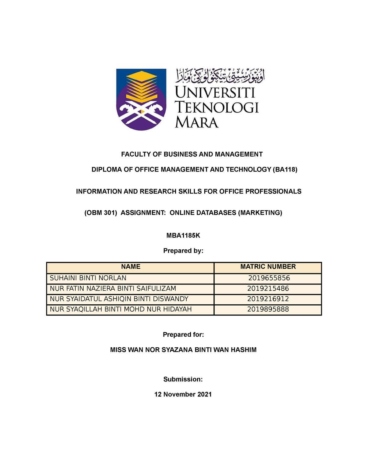 Online Database OBM301 FACULTY OF BUSINESS AND MANAGEMENT DIPLOMA OF