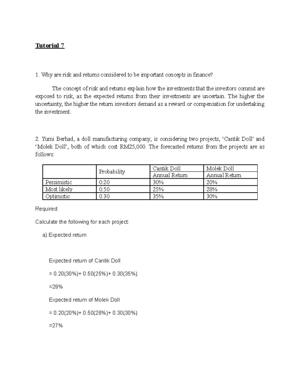 Tunku Abdul Rahman University College Principle of Finance Tutorial 7 ...