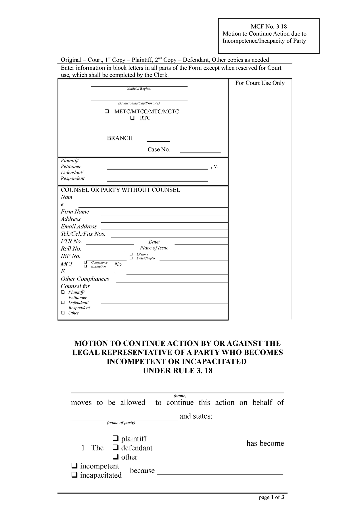 MCF 3.18 Motion to Continue Action due to Incompetence of Party - MCF ...