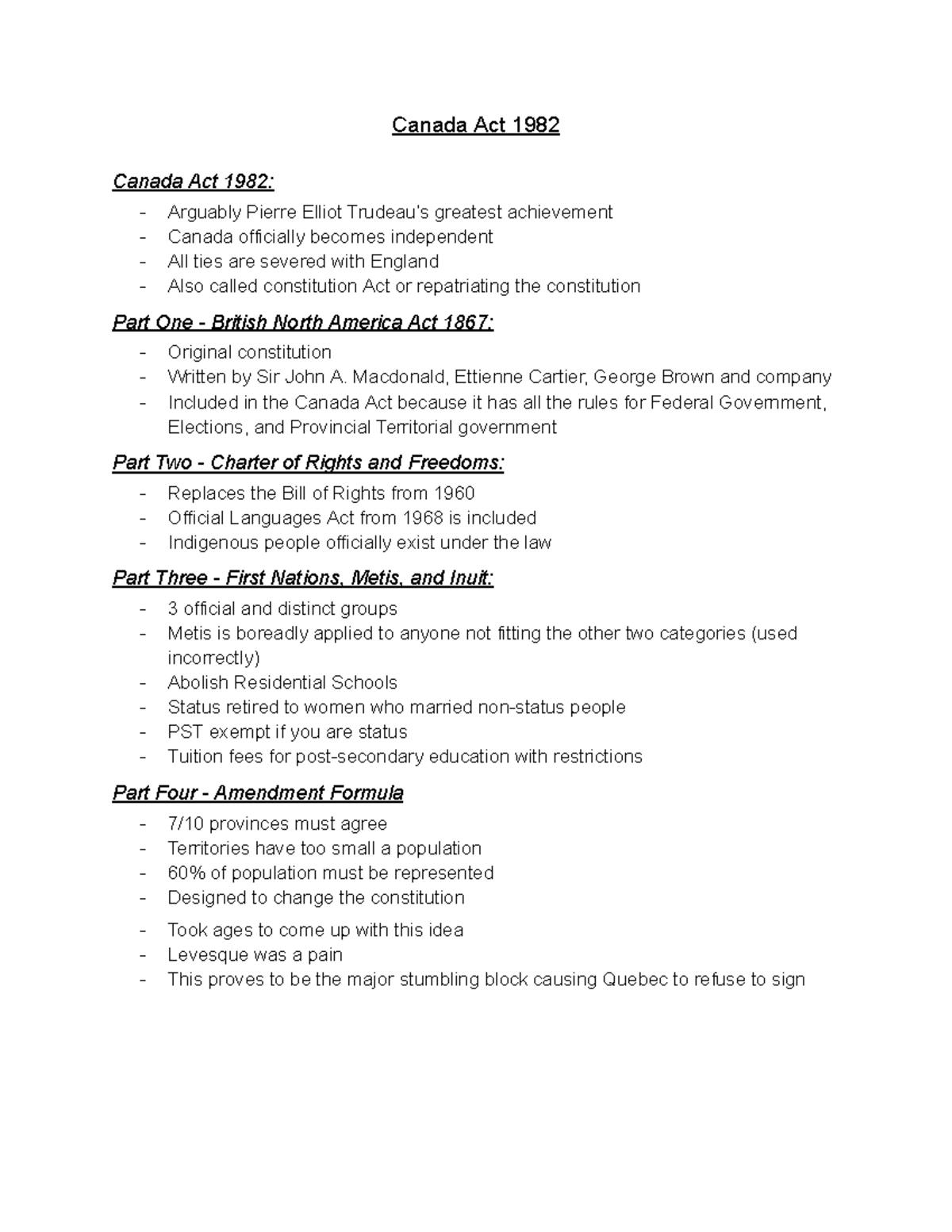 Canada Act Notes - Canada Act 1982 Canada Act 1982: - Arguably Pierre ...