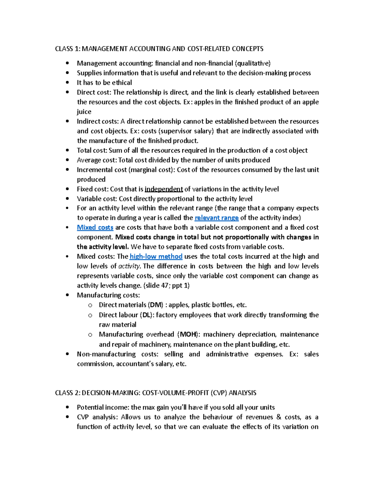 Final notes - Résumés mana accounting 1-12 anglais COMP10904A - CLASS 1 ...