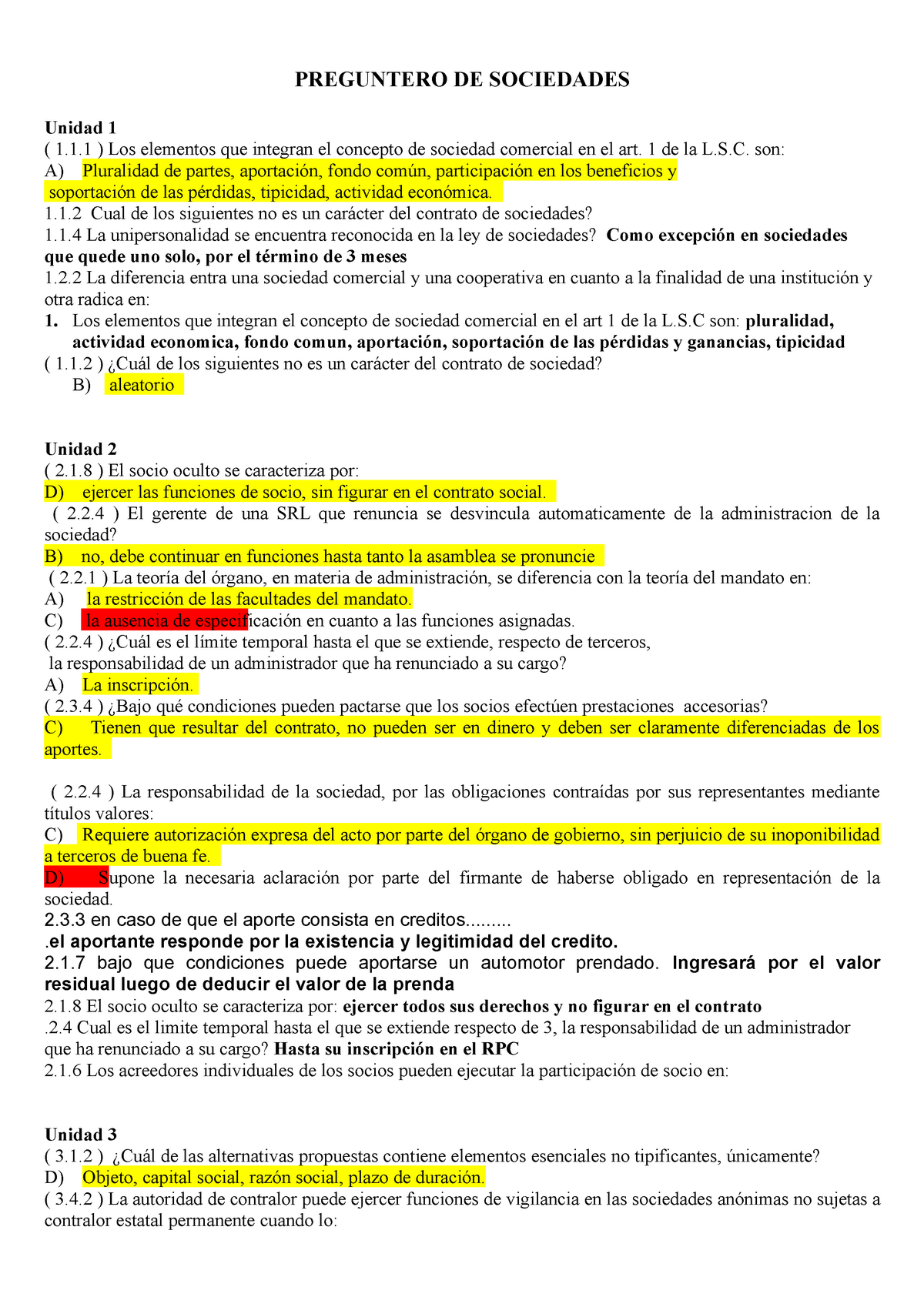 Examen, Preguntas Y Respuestas - PREGUNTERO DE SOCIEDADES Unidad 1 ( 1. ...