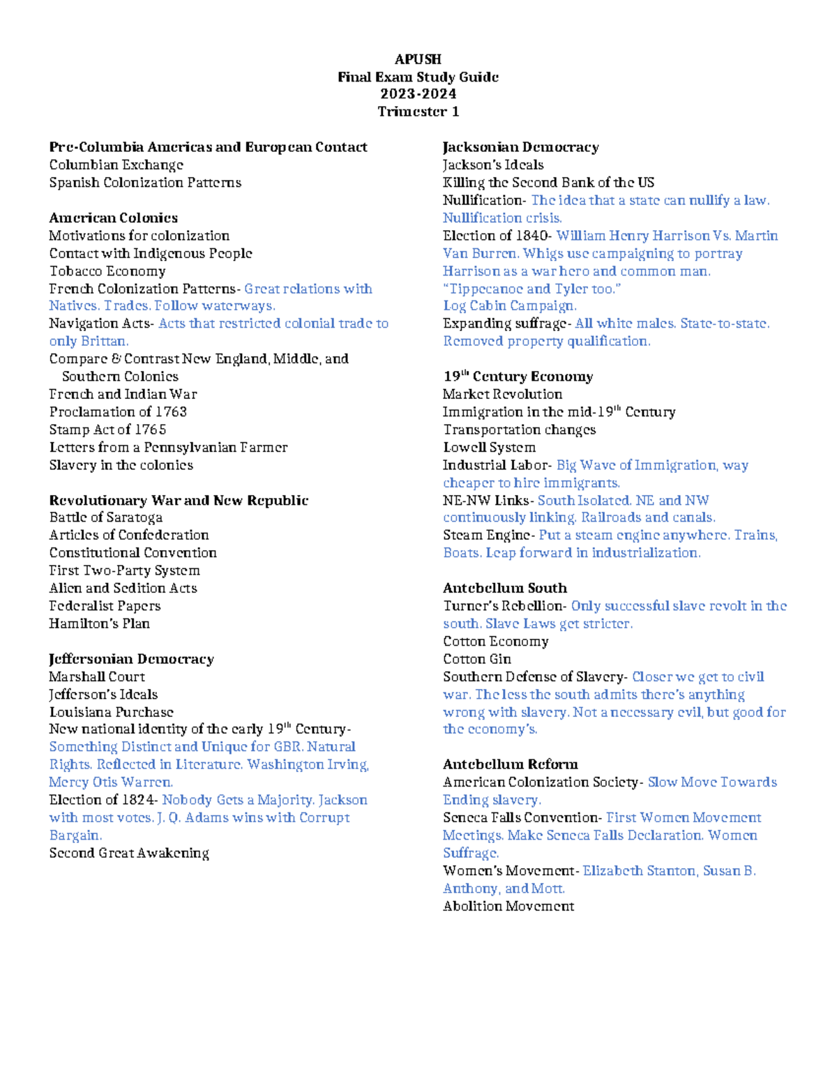 Trimester+1+Final+Exam+Study+Guide+2023-24 - APUSH Final Exam Study ...