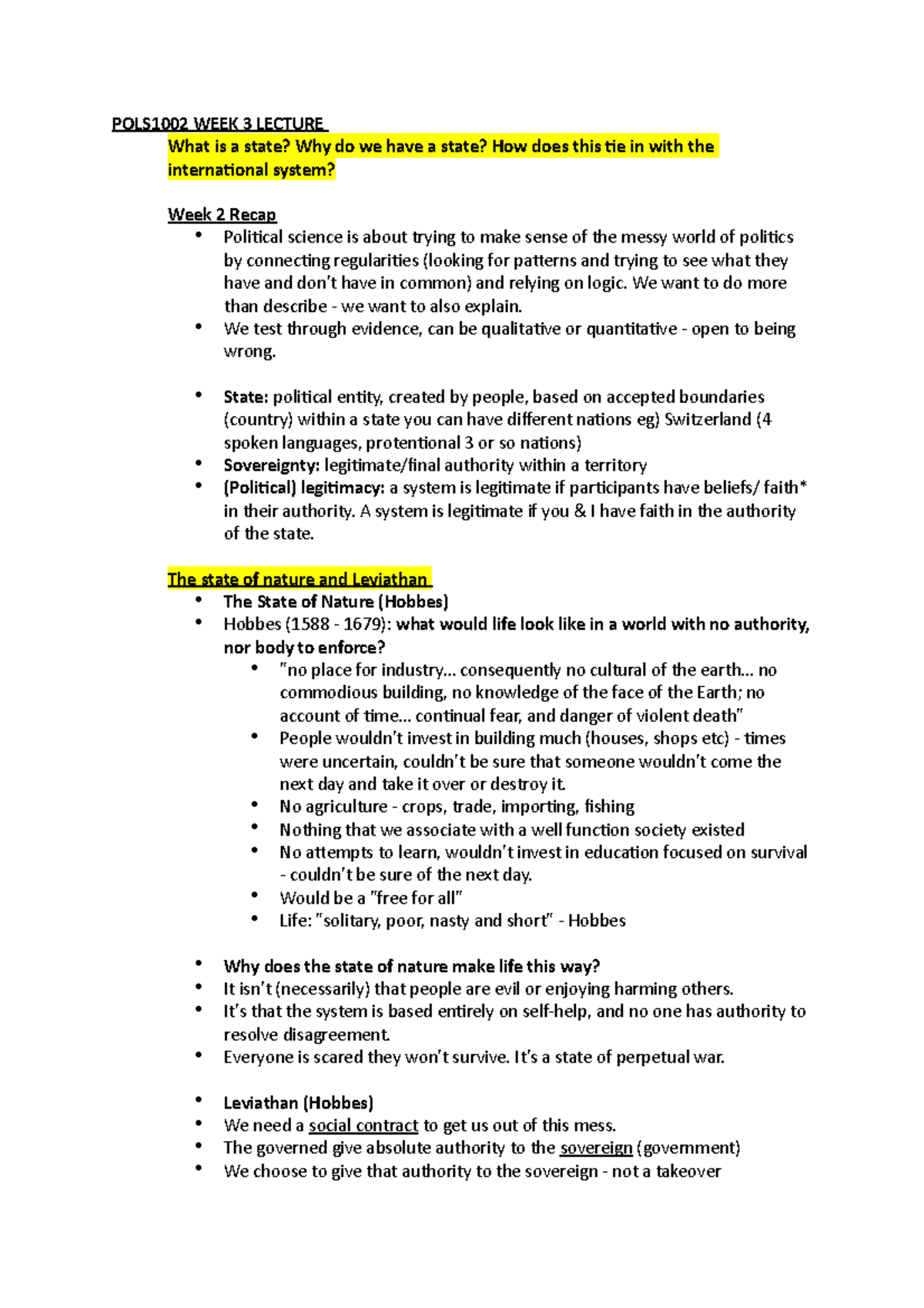 POLS1002 WEEK 3 Lecture - POLS1002 WEEK 3 LECTURE What is a state? Why ...