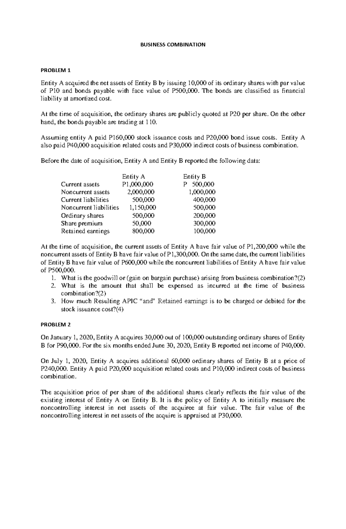 Pdfcoffee - Hard To Answer - BUSINESS COMBINATION PROBLEM 1 Entity A ...