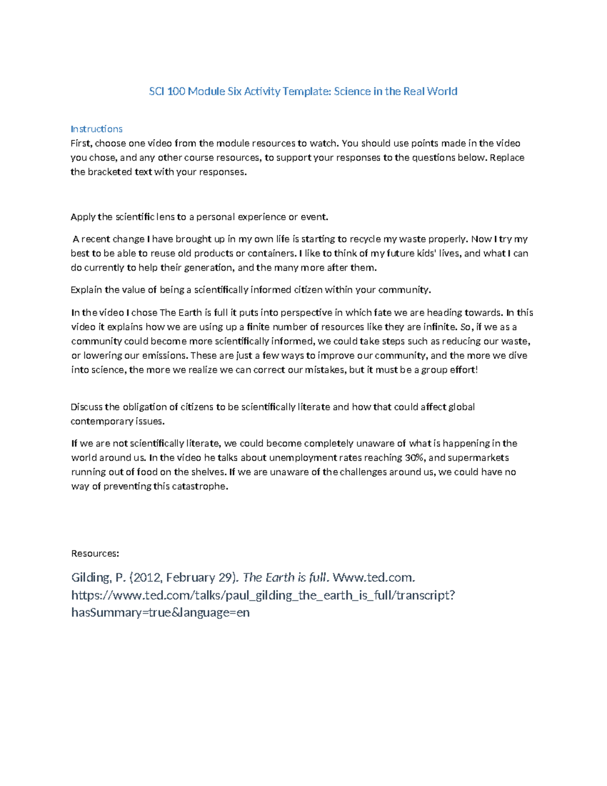 SCI 100 Module Six - SCI 100 Module Six Activity Template: Science in ...