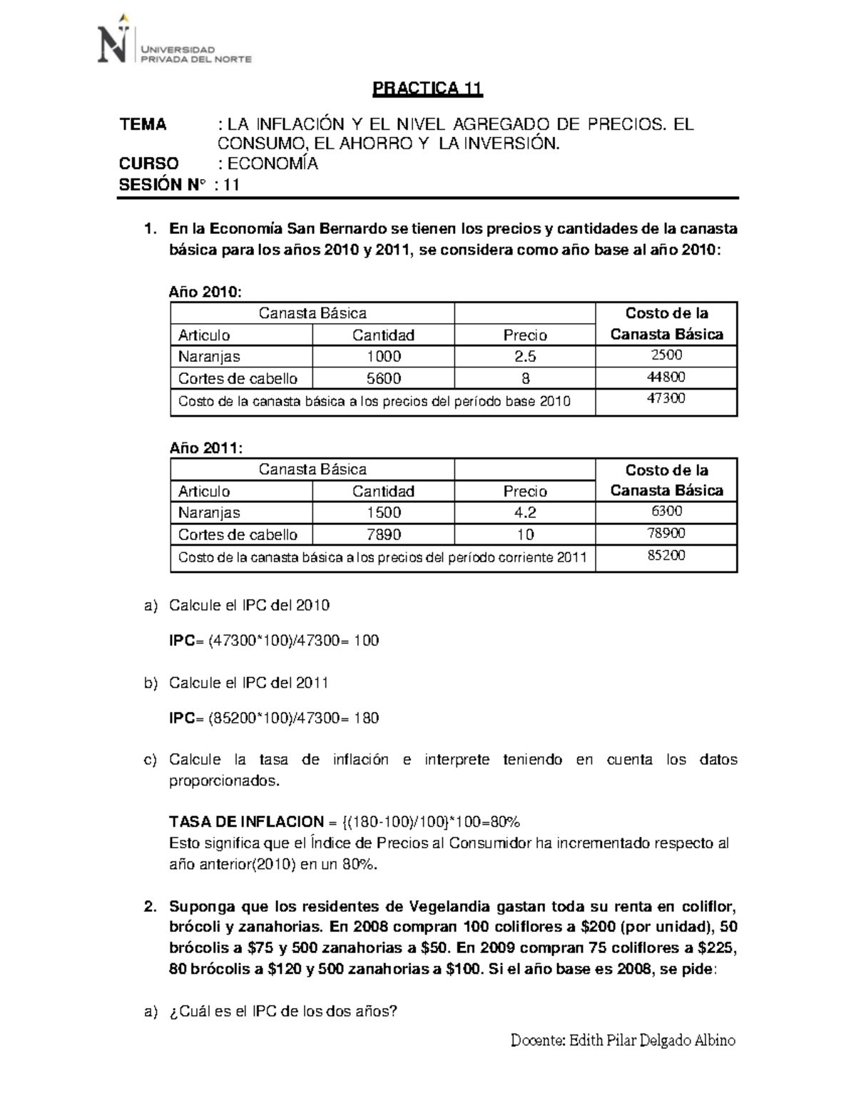 Solucion Practica 11 ECON - PRACTICA 11 TEMA : LA INFLACIÓN Y EL NIVEL ...