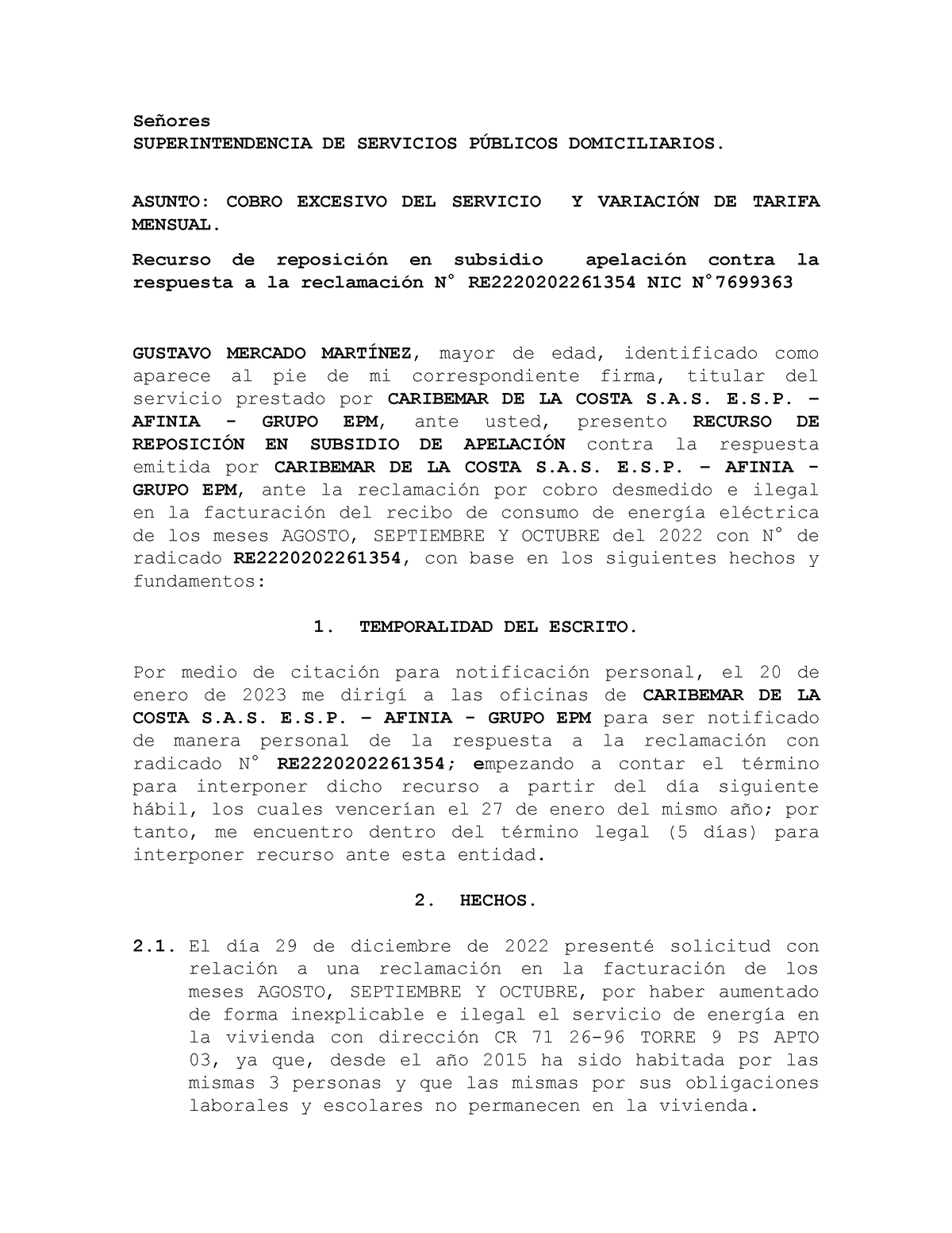 Recurso DE Reposición EN Subsidio Apelación - Señores SUPERINTENDENCIA ...